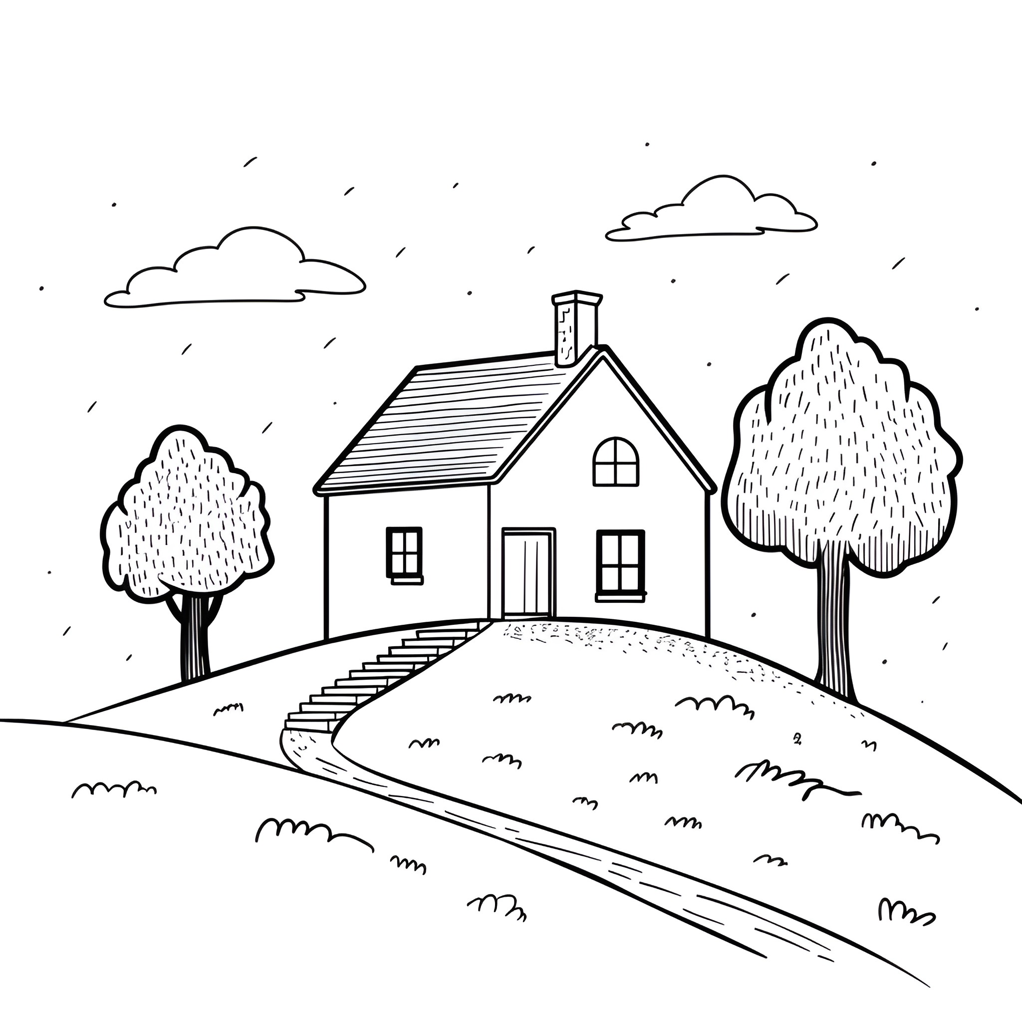 House on a Peaceful Hill Drawing Idea (free black-and-white line drawing printable PDF for all, from beginners to advanced learners, including children, teens, adults, and seniors)