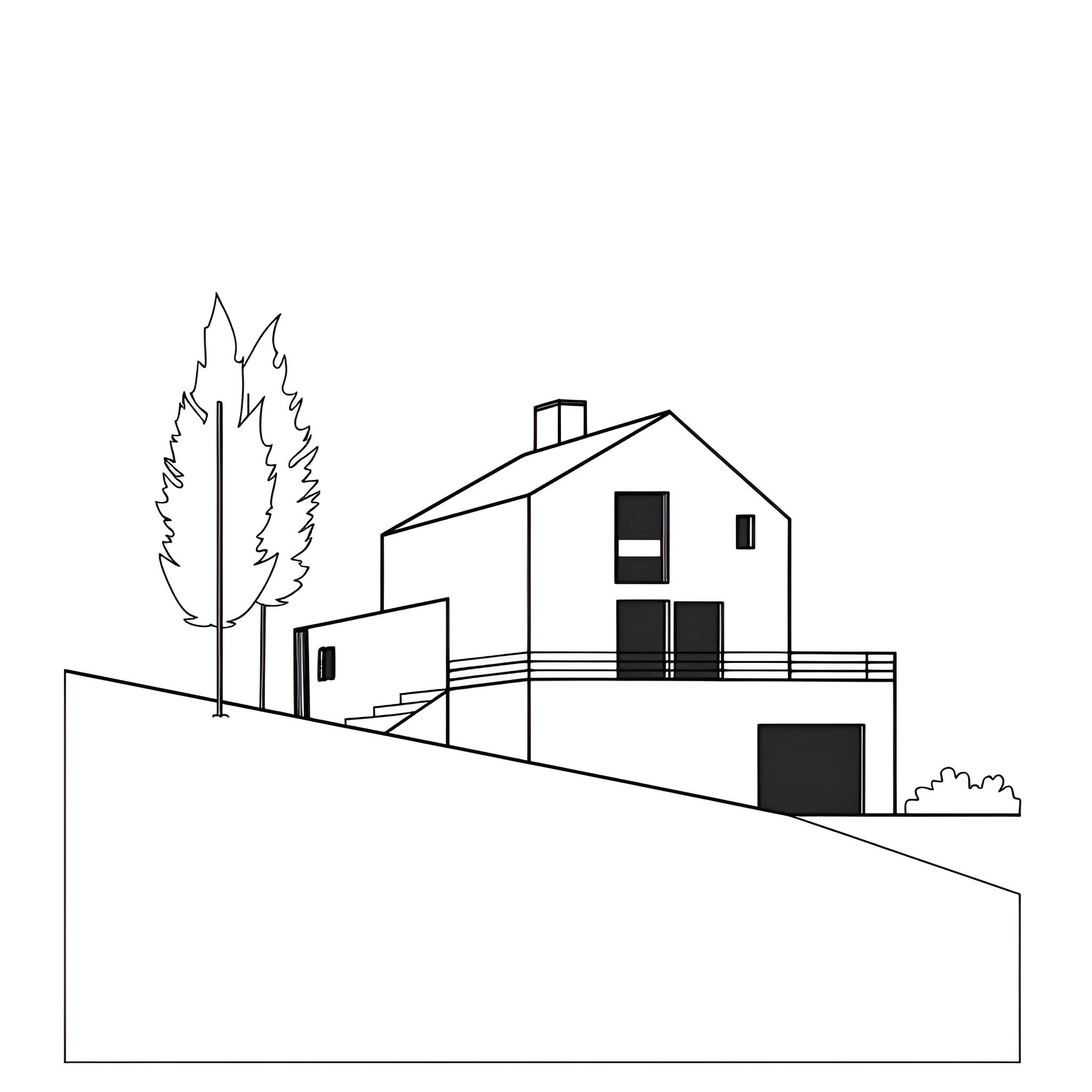 House with tree and landscape Drawing Idea (free black-and-white line drawing printable PDF for all, from beginners to advanced learners, including children, teens, adults, and seniors)