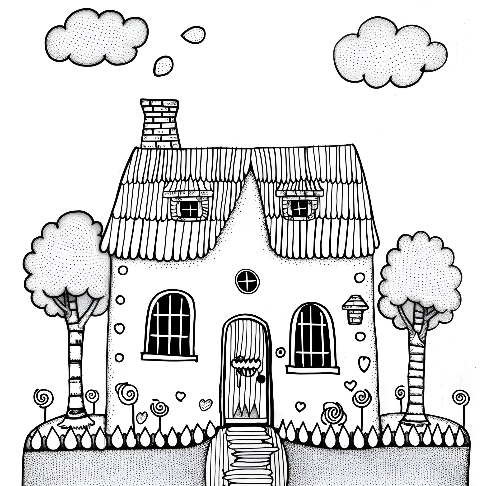 House with elaborately decorated exterior Drawing Idea (free black-and-white line drawing printable PDF for all, from beginners to advanced learners, including children, teens, adults, and seniors)