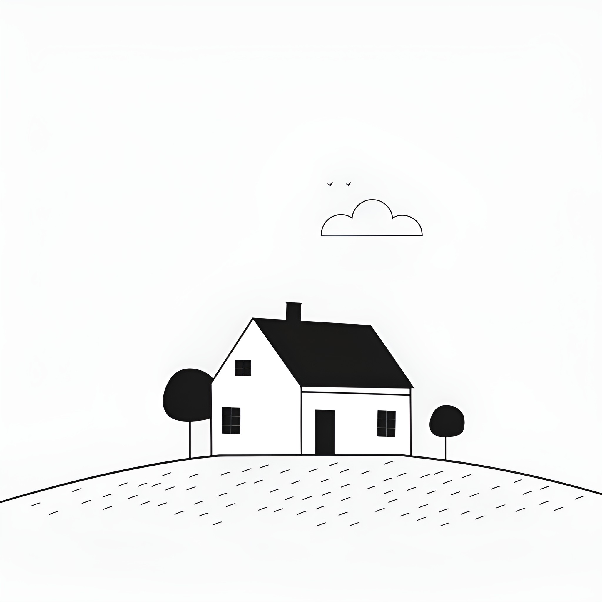 House on rolling hills with trees Drawing Idea (free black-and-white line drawing printable PDF for all, from beginners to advanced learners, including children, teens, adults, and seniors)