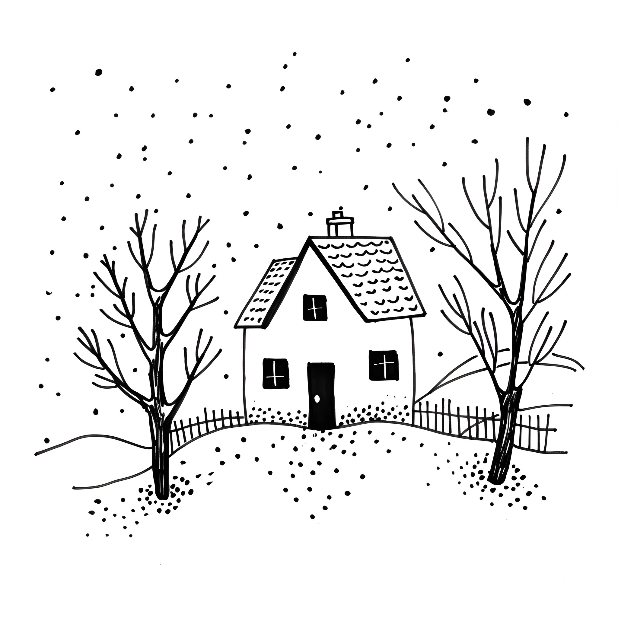 House in snowy winter landscape Drawing Idea (free black-and-white line drawing printable PDF for all, from beginners to advanced learners, including children, teens, adults, and seniors)