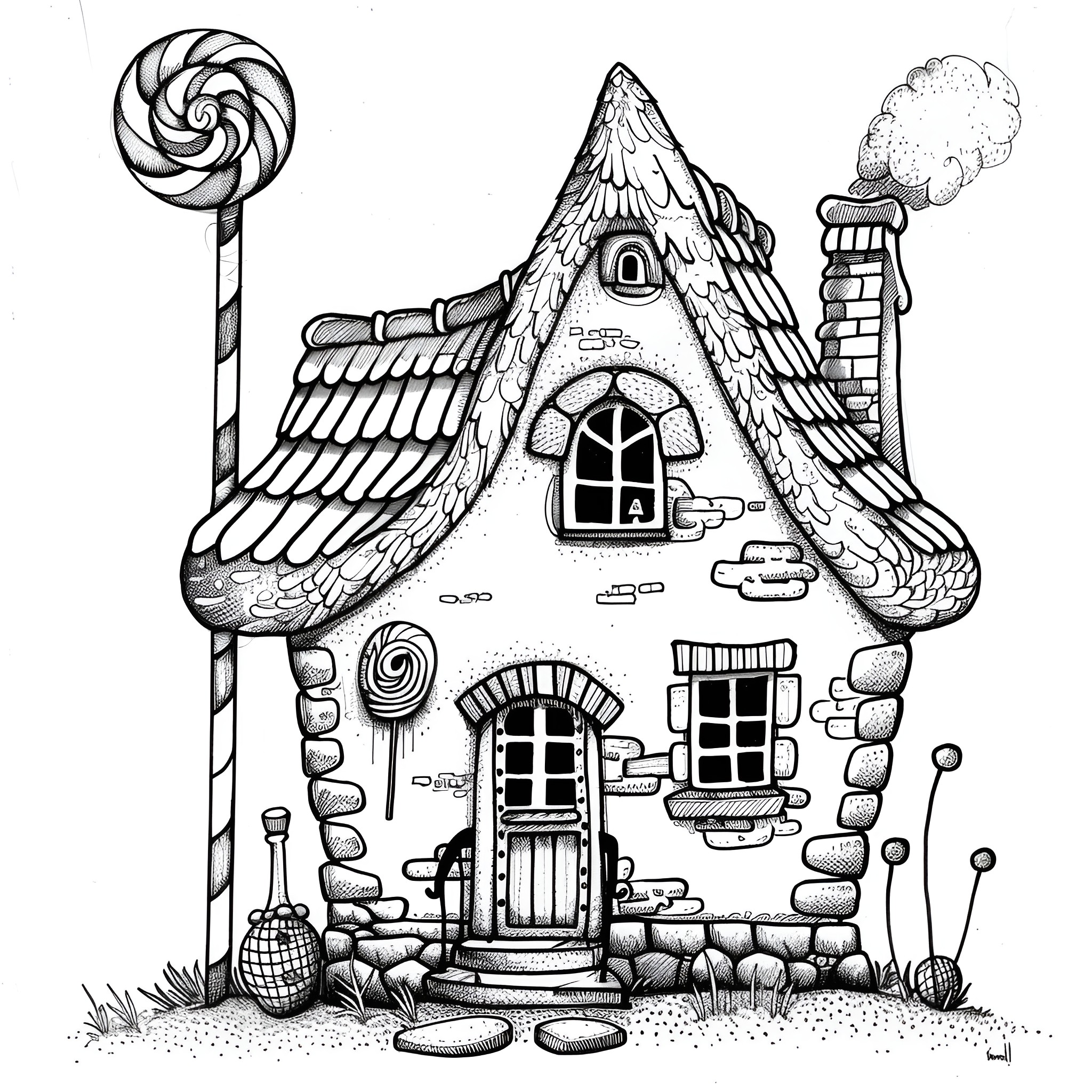 House with whimsical exterior and garden elements Drawing Idea (free black-and-white line drawing printable PDF for all, from beginners to advanced learners, including children, teens, adults, and seniors)