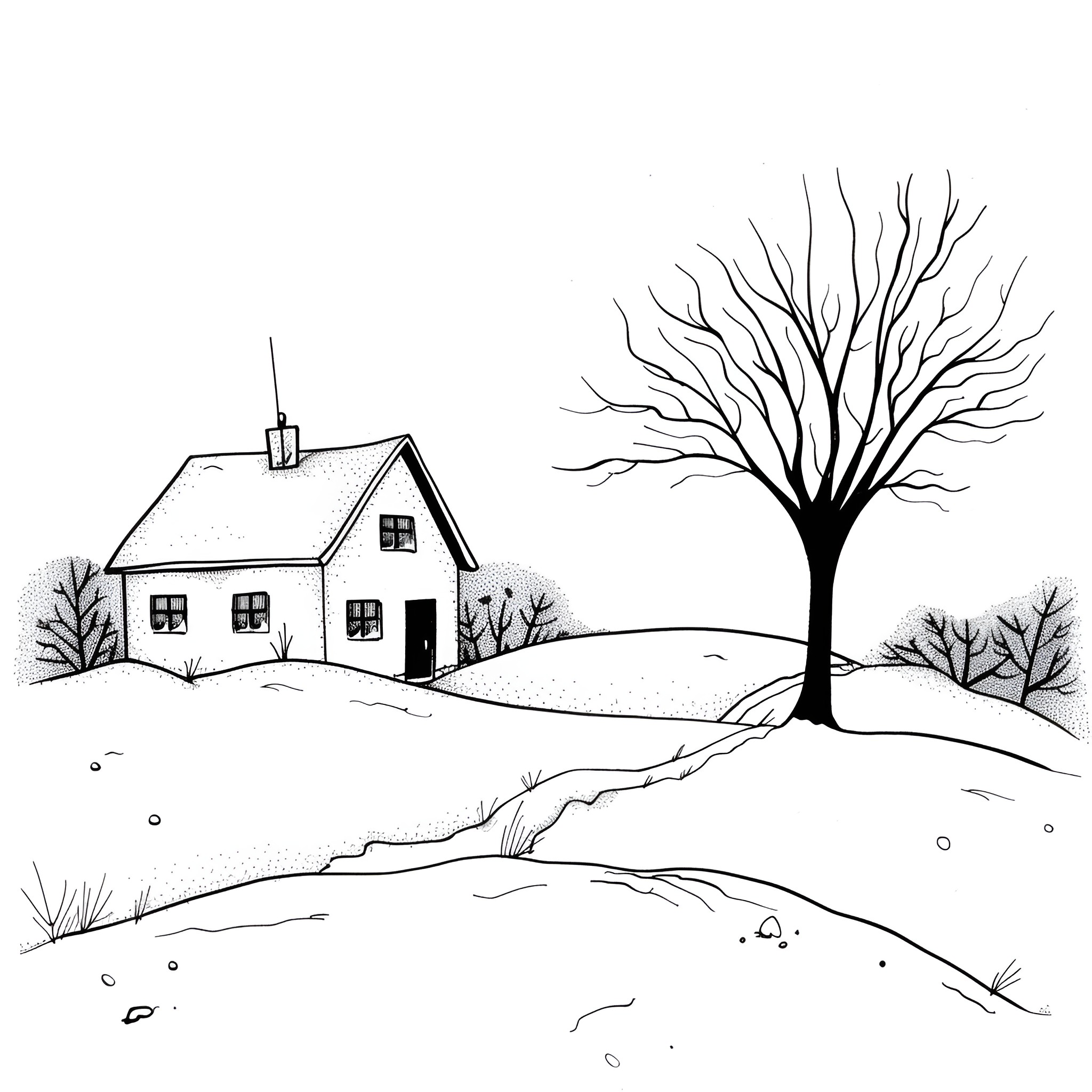 House in peaceful winter landscape Drawing Idea (free black-and-white line drawing printable PDF for all, from beginners to advanced learners, including children, teens, adults, and seniors)