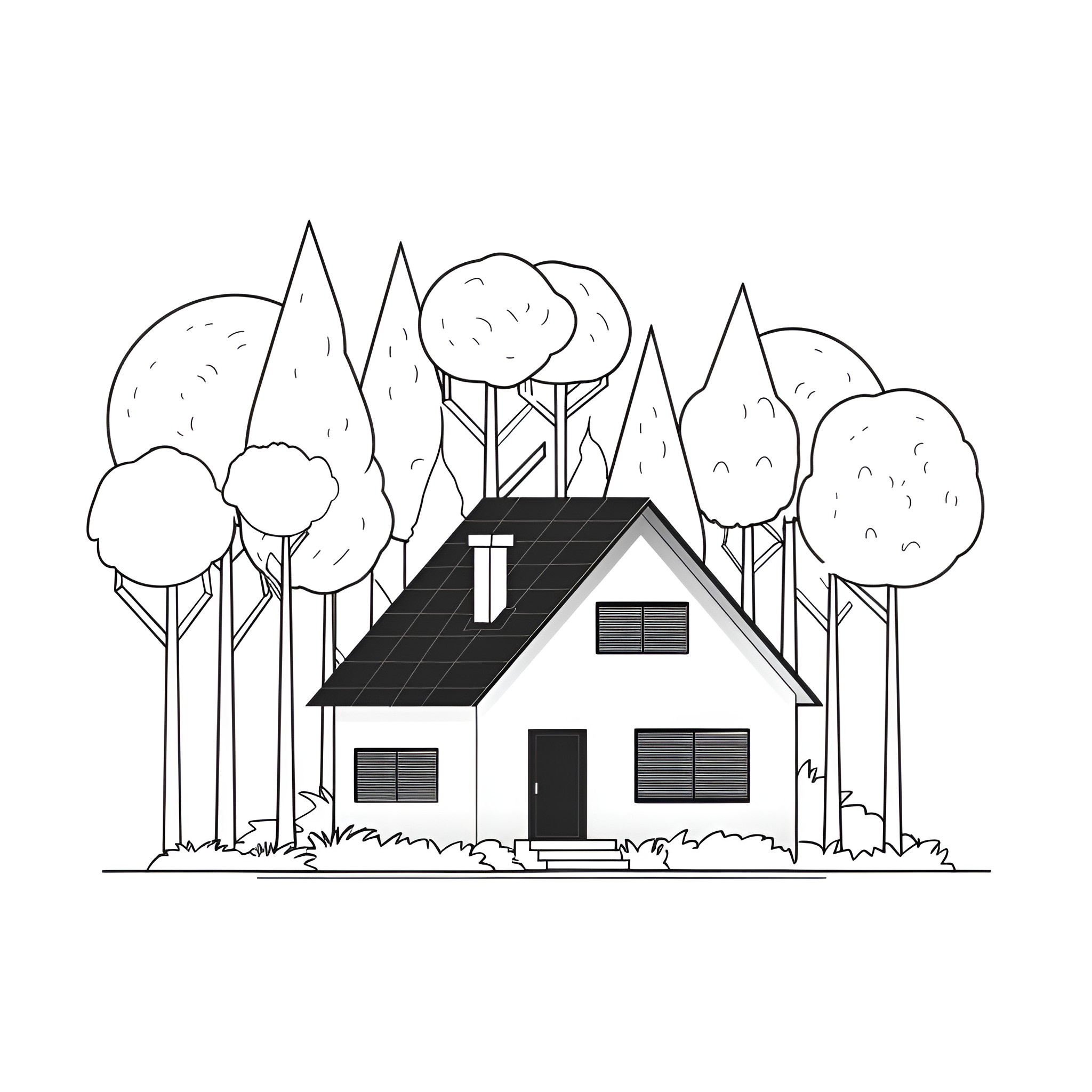 House surrounded by forested landscape Drawing Idea (free black-and-white line drawing printable PDF for all, from beginners to advanced learners, including children, teens, adults, and seniors)