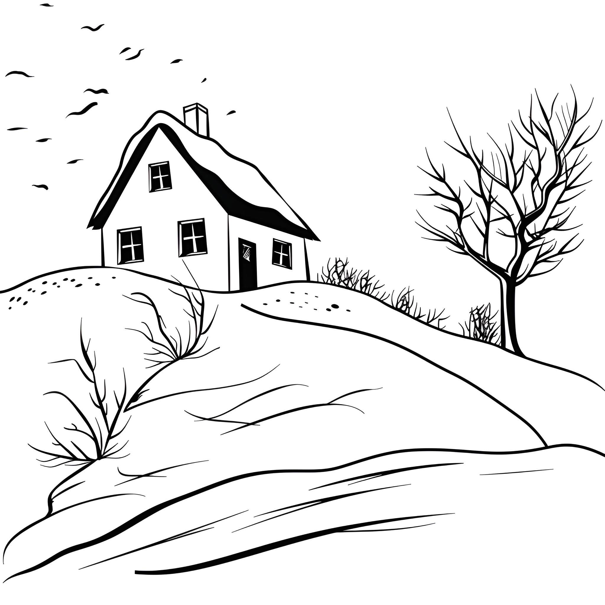 House on Snowy Hill with Bare Tree Drawing Idea (free black-and-white line drawing printable PDF for all, from beginners to advanced learners, including children, teens, adults, and seniors)