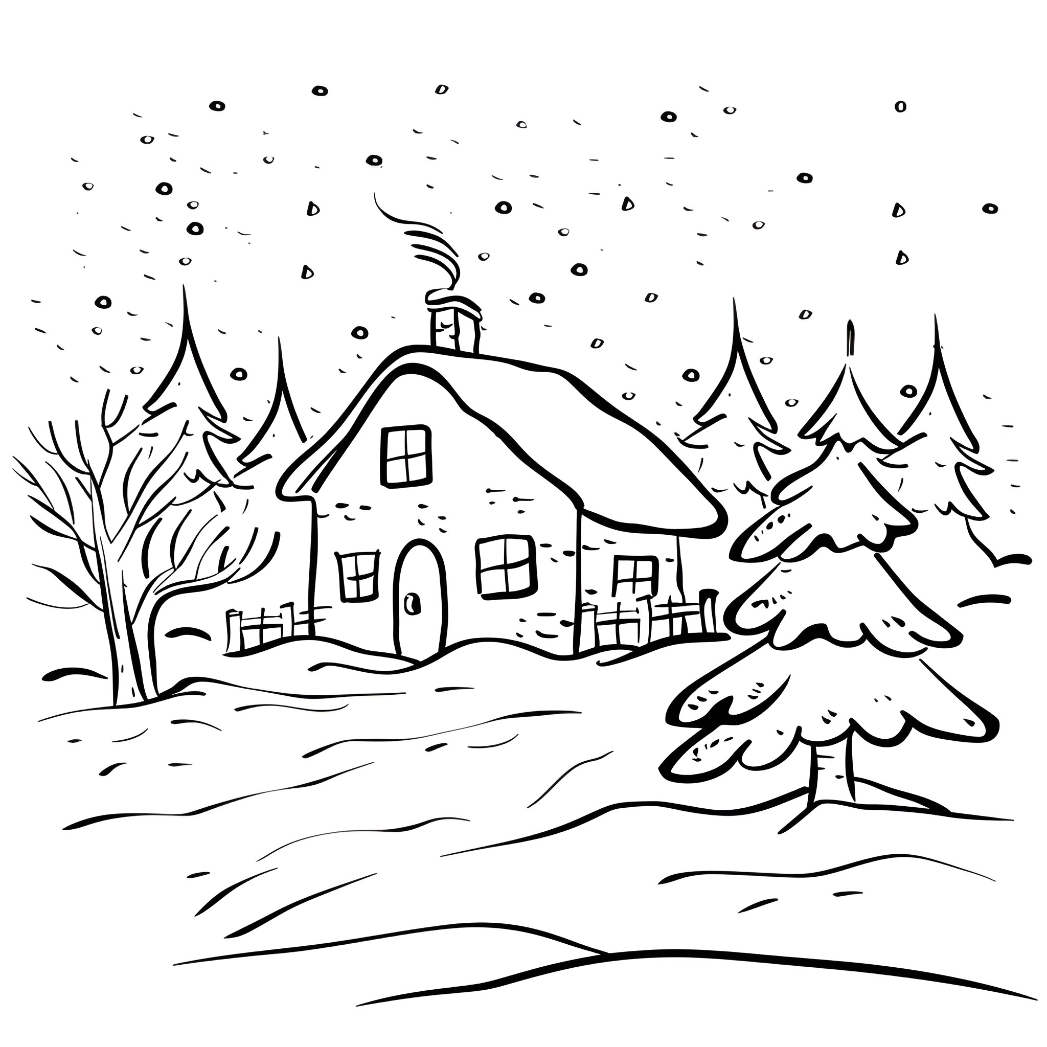 House in snowy winter landscape Drawing Idea (free black-and-white line drawing printable PDF for all, from beginners to advanced learners, including children, teens, adults, and seniors)