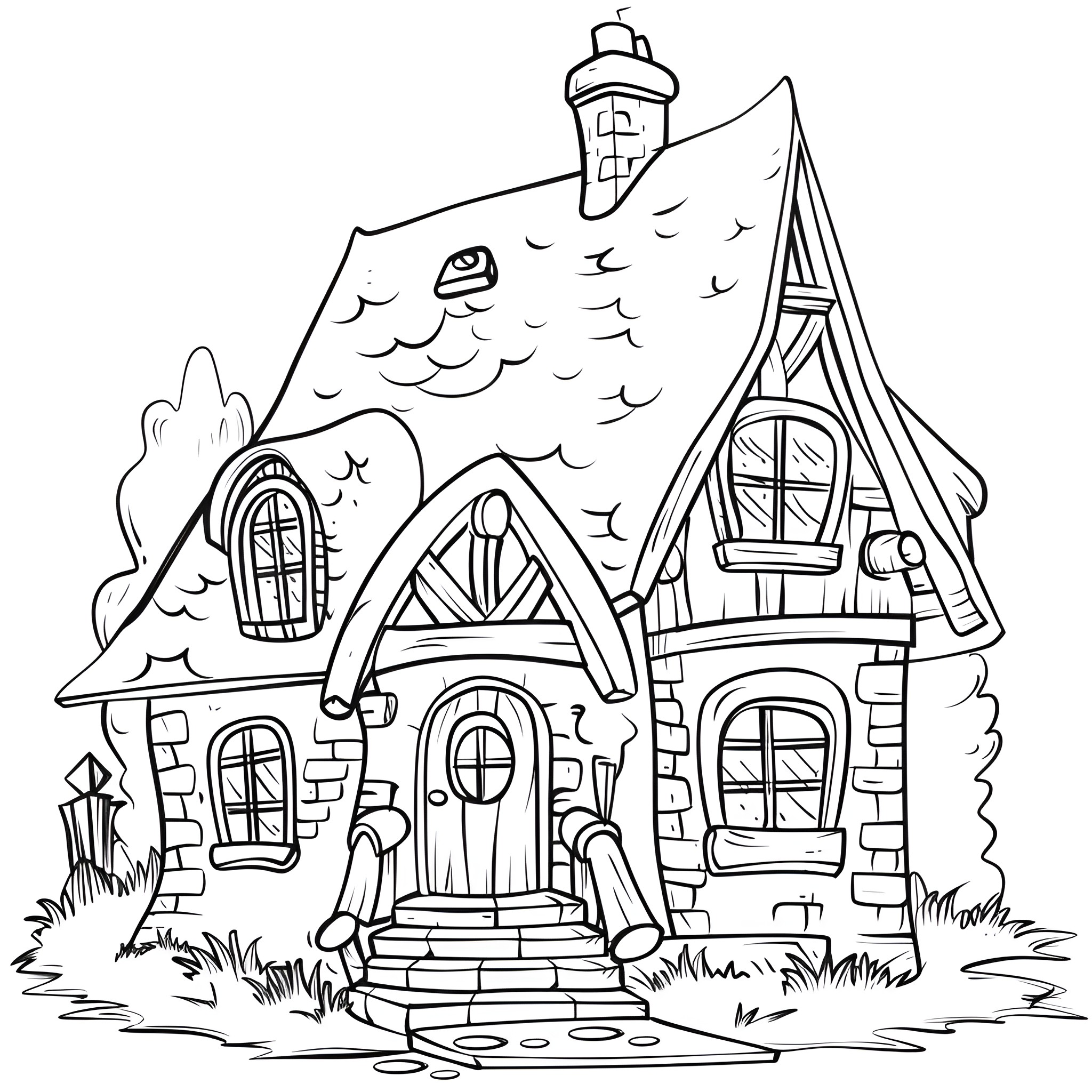 House with whimsical architectural features Drawing Idea (free black-and-white line drawing printable PDF for all, from beginners to advanced learners, including children, teens, adults, and seniors)