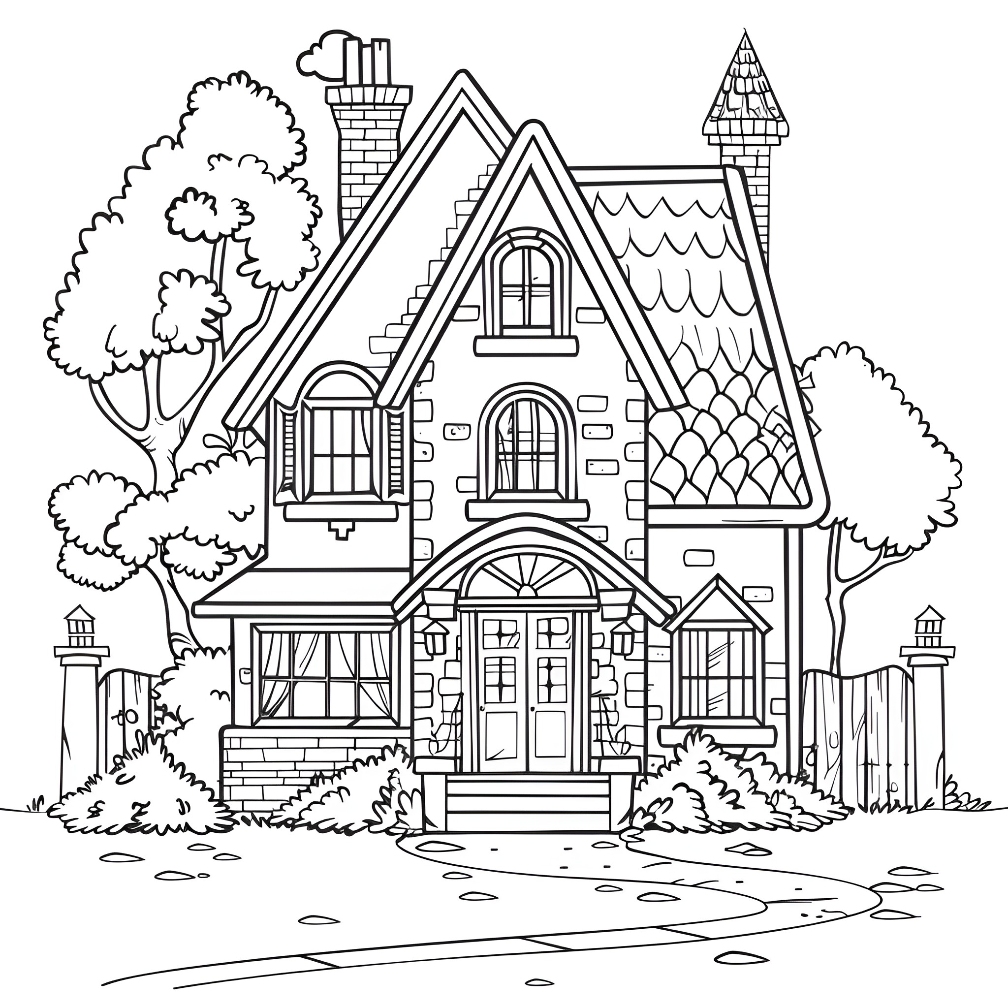 House of storybook fairytale architecture Drawing Idea (free black-and-white line drawing printable PDF for all, from beginners to advanced learners, including children, teens, adults, and seniors)