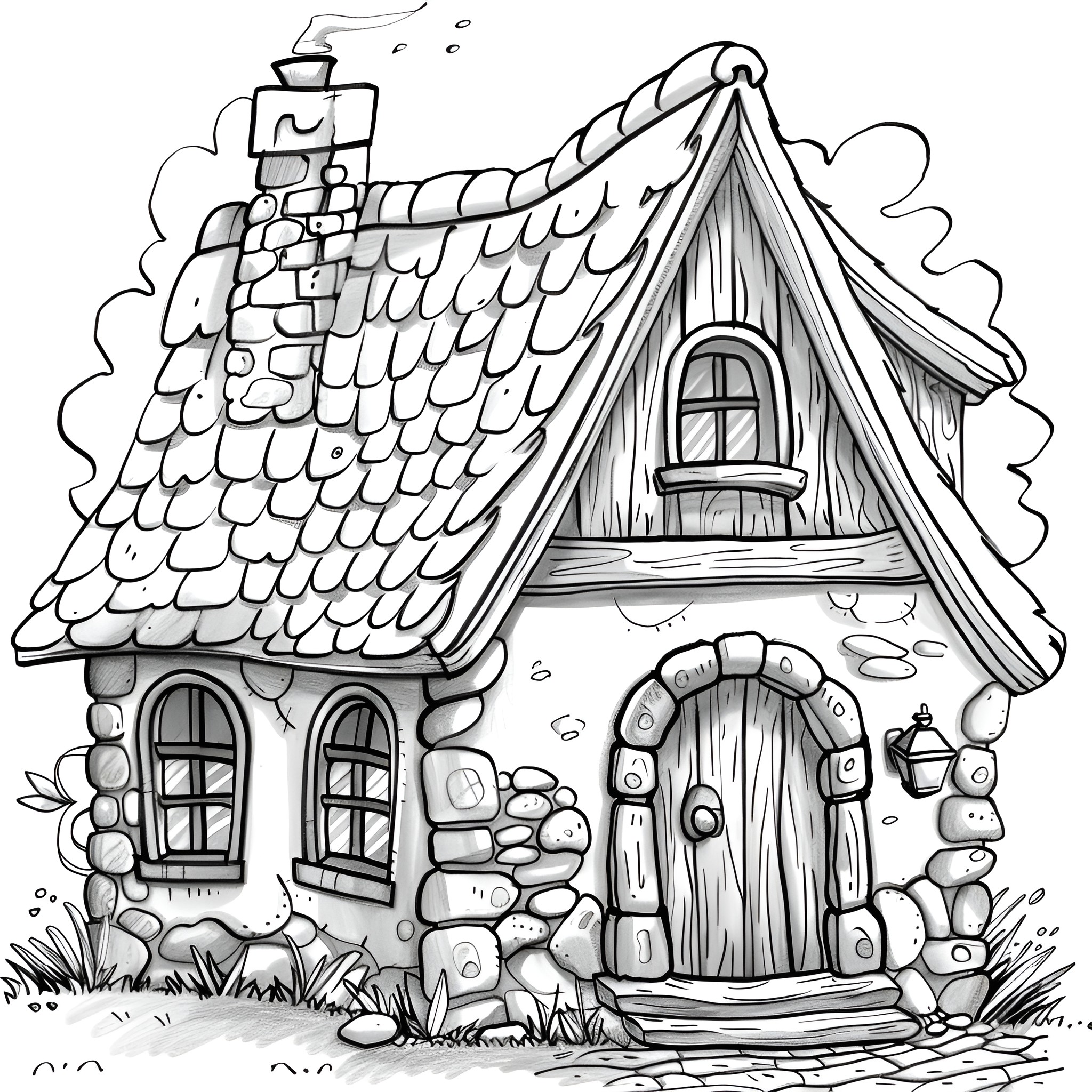 House with whimsical stone exterior and thatched roof Drawing Idea (free black-and-white line drawing printable PDF for all, from beginners to advanced learners, including children, teens, adults, and seniors)