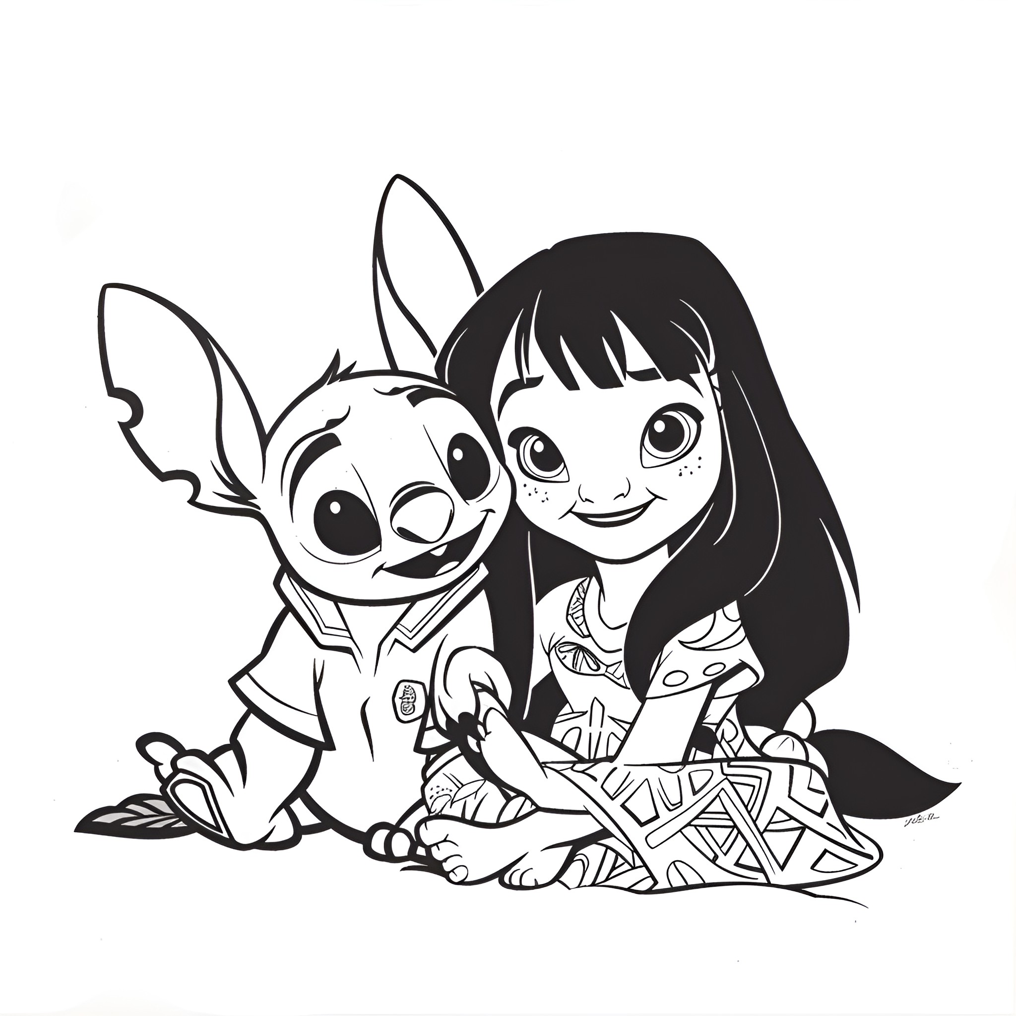 Lilo & Stitch playing together happily Drawing Idea (free black-and-white line drawing printable PDF for all, from beginners to advanced learners, including children, teens, adults, and seniors)