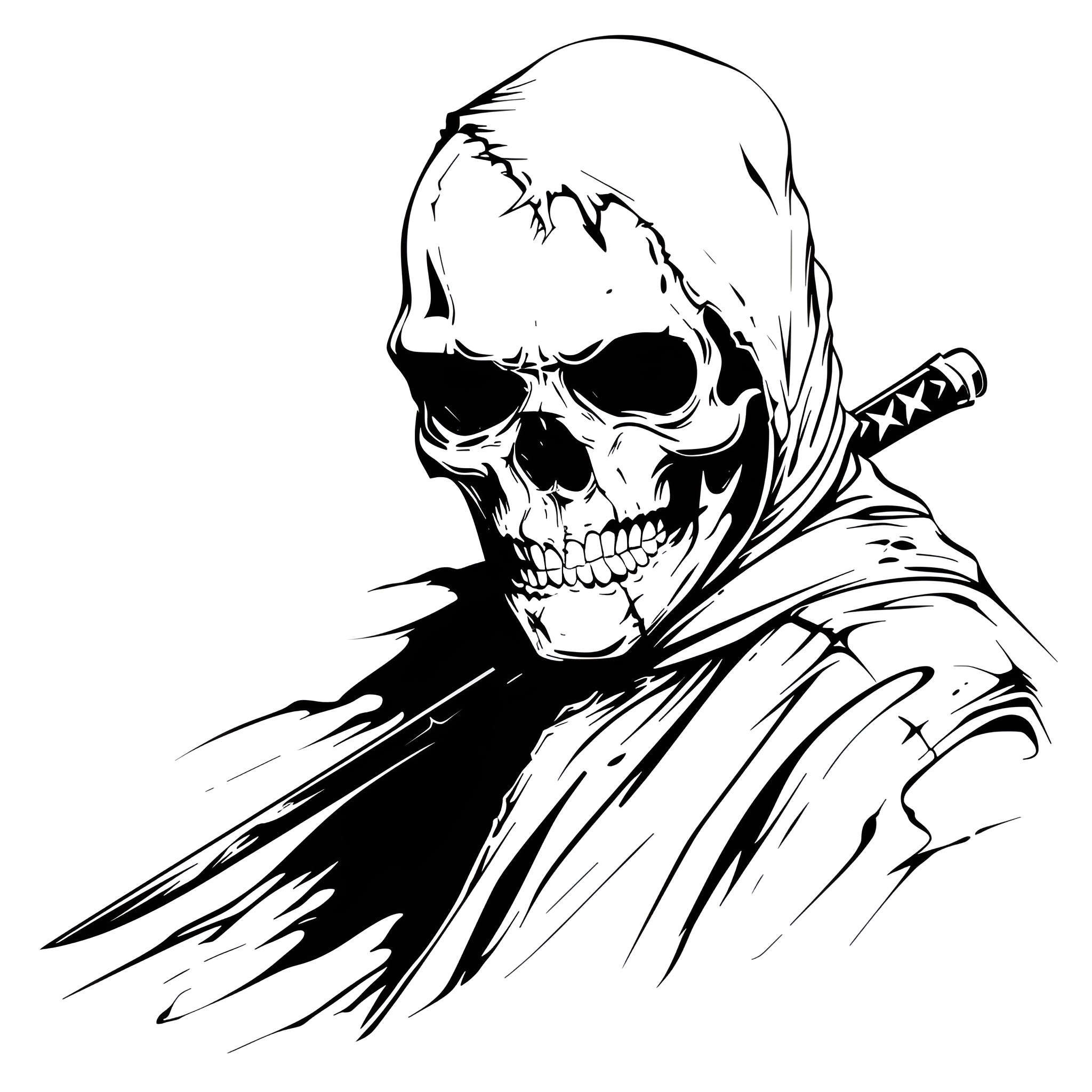 Badass hooded skull warrior Drawing Idea (free black-and-white line drawing printable PDF for all, from beginners to advanced learners, including children, teens, adults, and seniors)