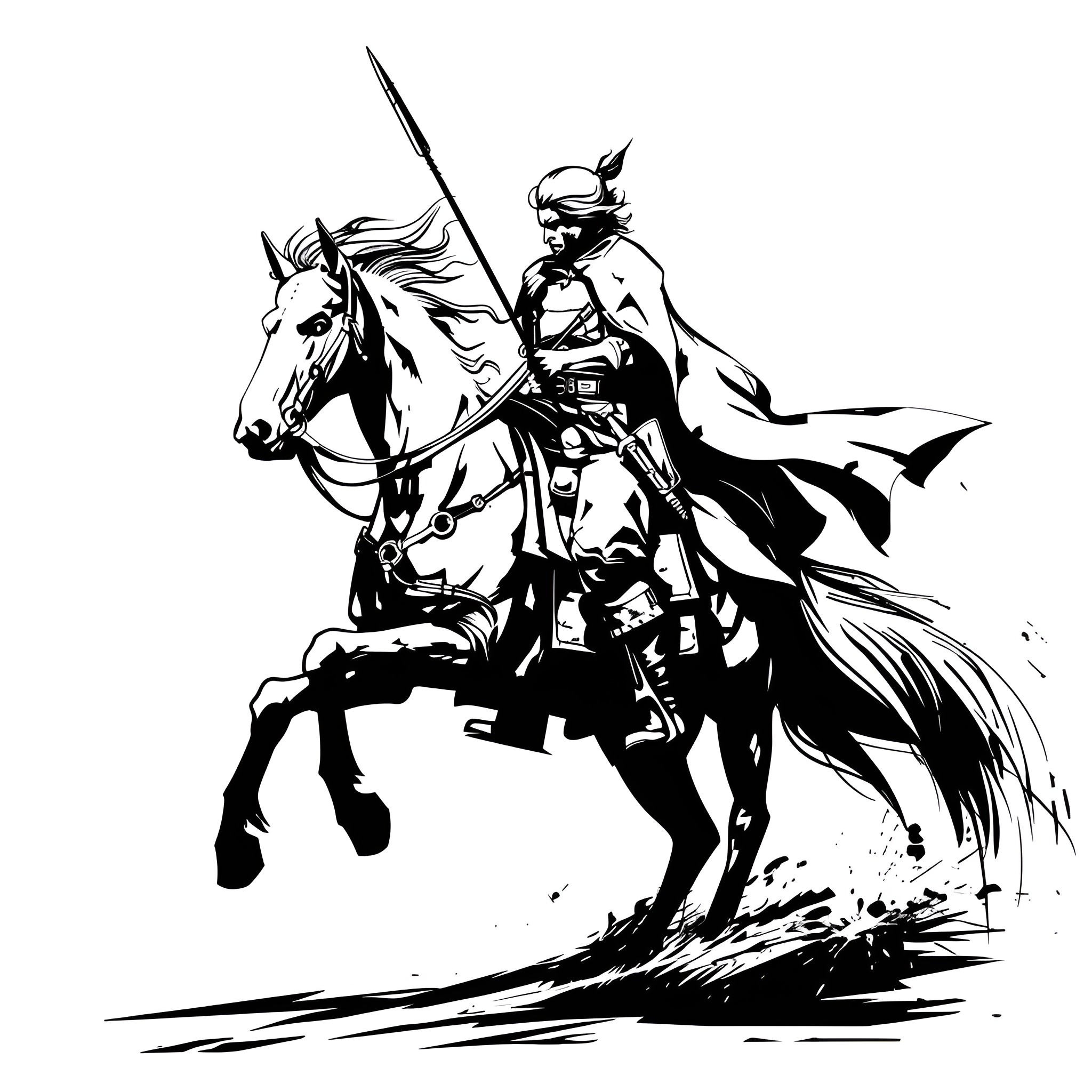 Badass Samurai Warrior on Horseback Drawing Idea (free black-and-white line drawing printable PDF for all, from beginners to advanced learners, including children, teens, adults, and seniors)