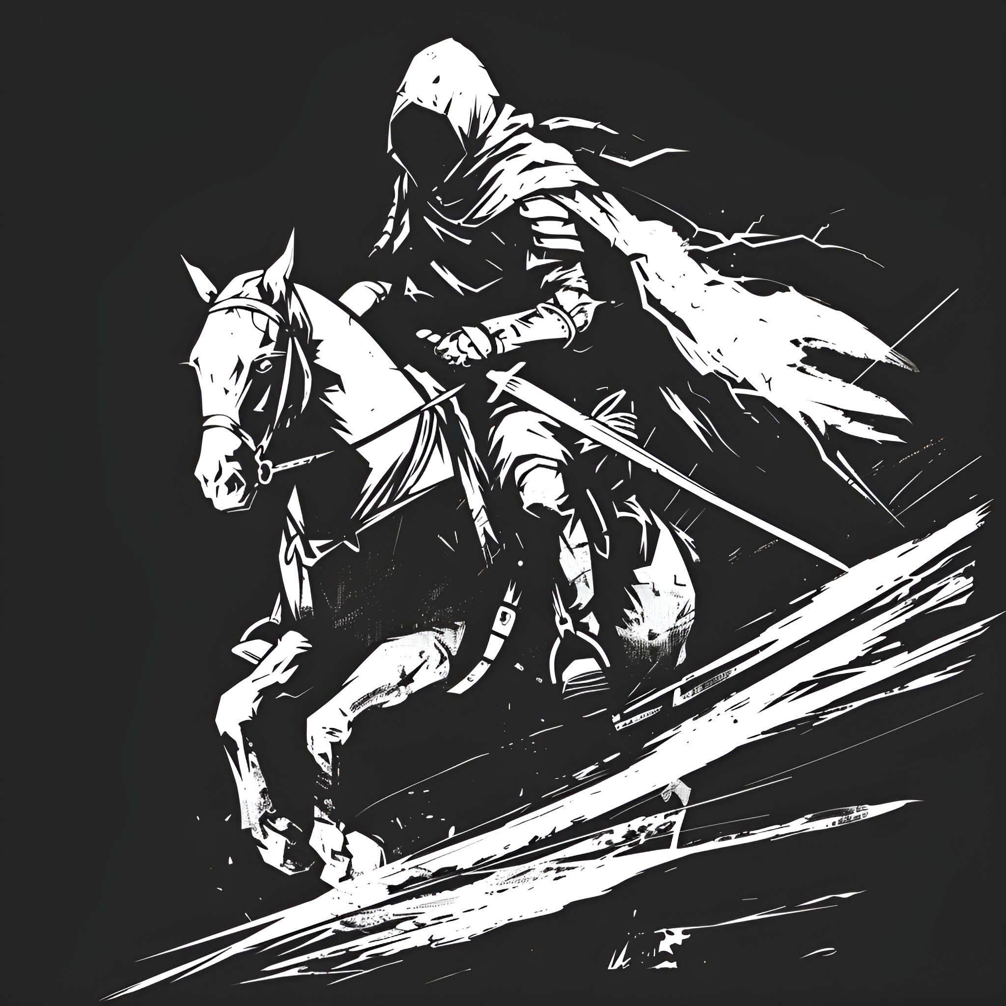 Badass Warrior on Horseback Drawing Idea (free black-and-white line drawing printable PDF for all, from beginners to advanced learners, including children, teens, adults, and seniors)