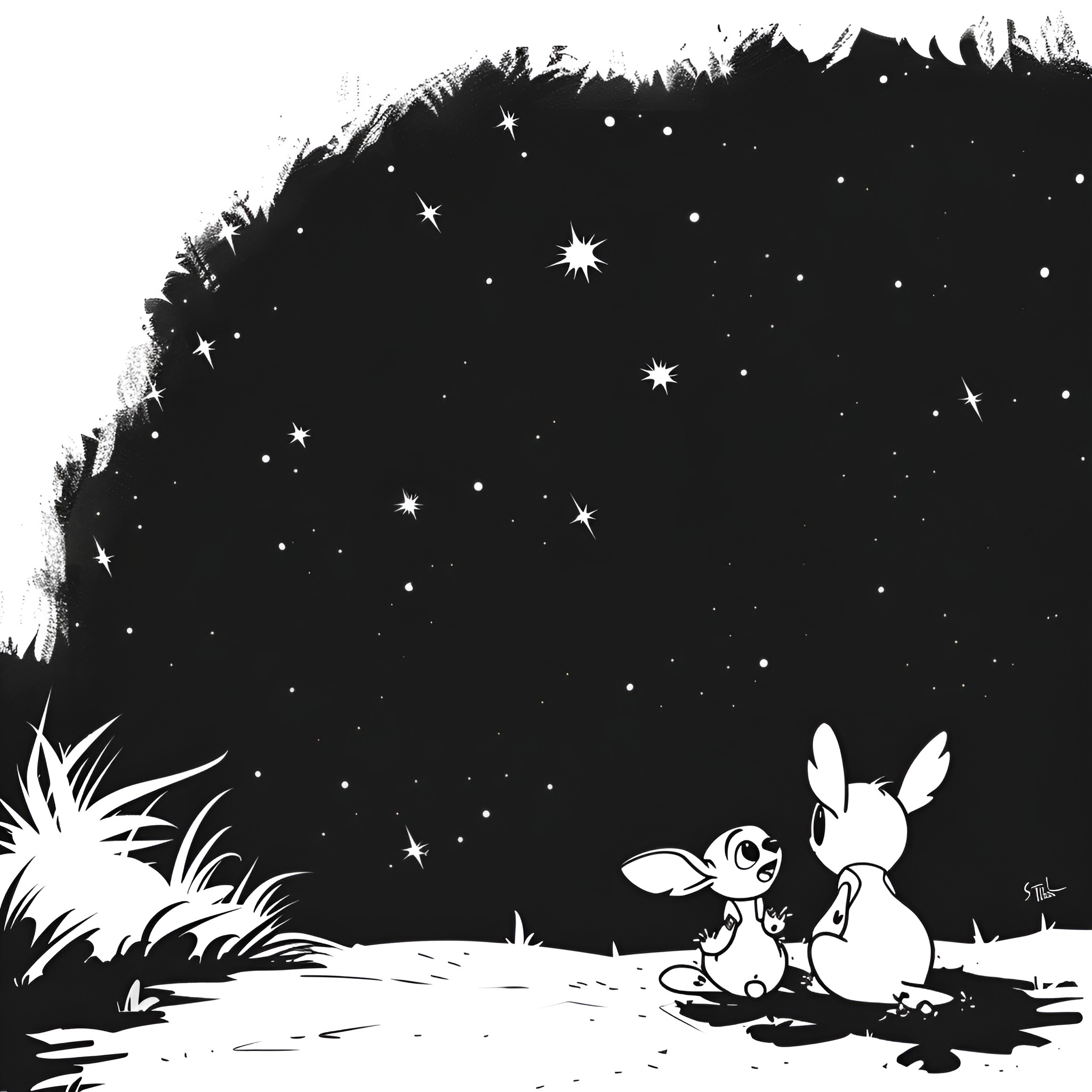 Lilo & Stitch stargazing under the night sky Drawing Idea (free black-and-white line drawing printable PDF for all, from beginners to advanced learners, including children, teens, adults, and seniors)