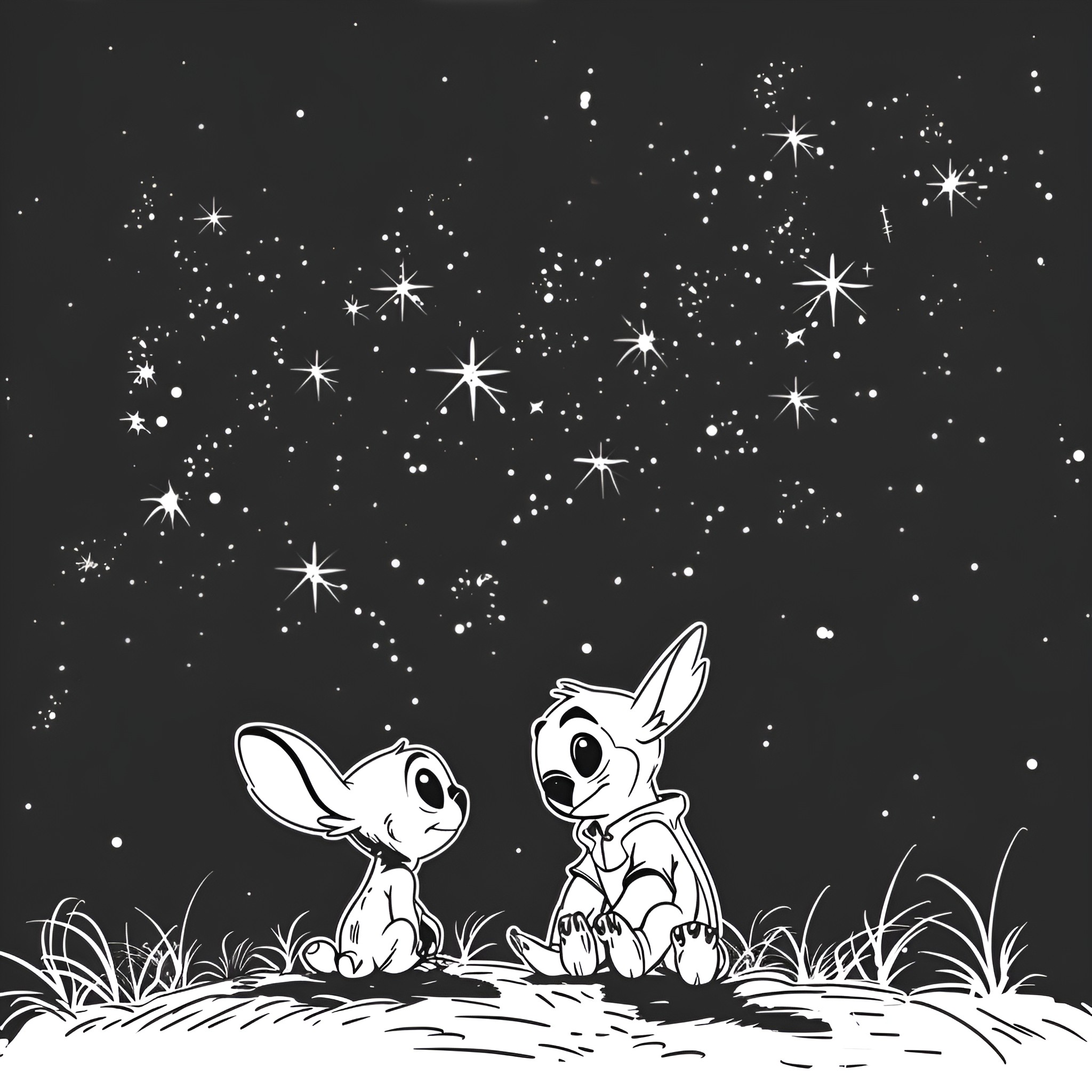 Lilo & Stitch stargazing in the night sky Drawing Idea (free black-and-white line drawing printable PDF for all, from beginners to advanced learners, including children, teens, adults, and seniors)