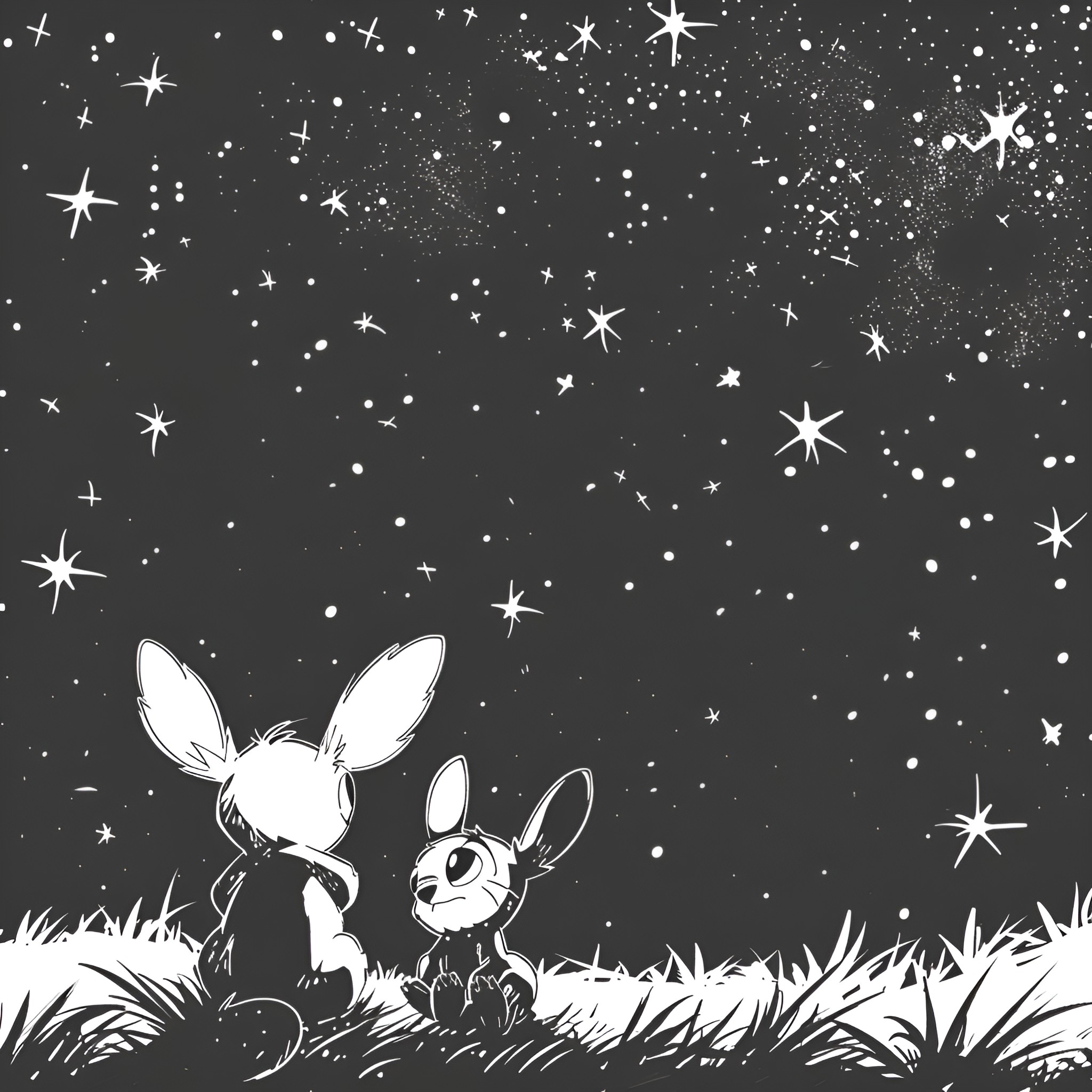 Lilo & Stitch stargazing in the night sky Drawing Idea (free black-and-white line drawing printable PDF for all, from beginners to advanced learners, including children, teens, adults, and seniors)