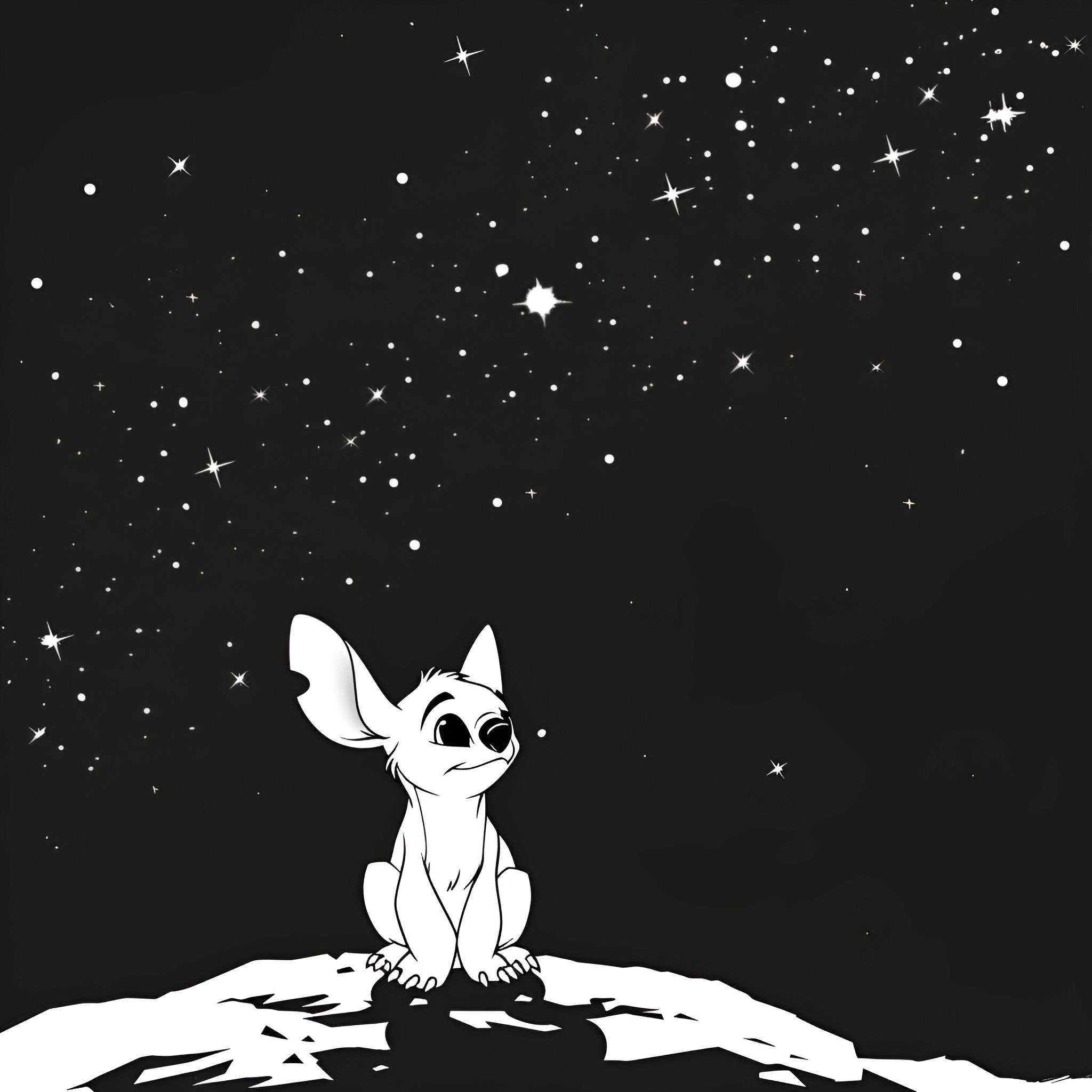 Lilo & Stitch gazing at starry night sky Drawing Idea (free black-and-white line drawing printable PDF for all, from beginners to advanced learners, including children, teens, adults, and seniors)