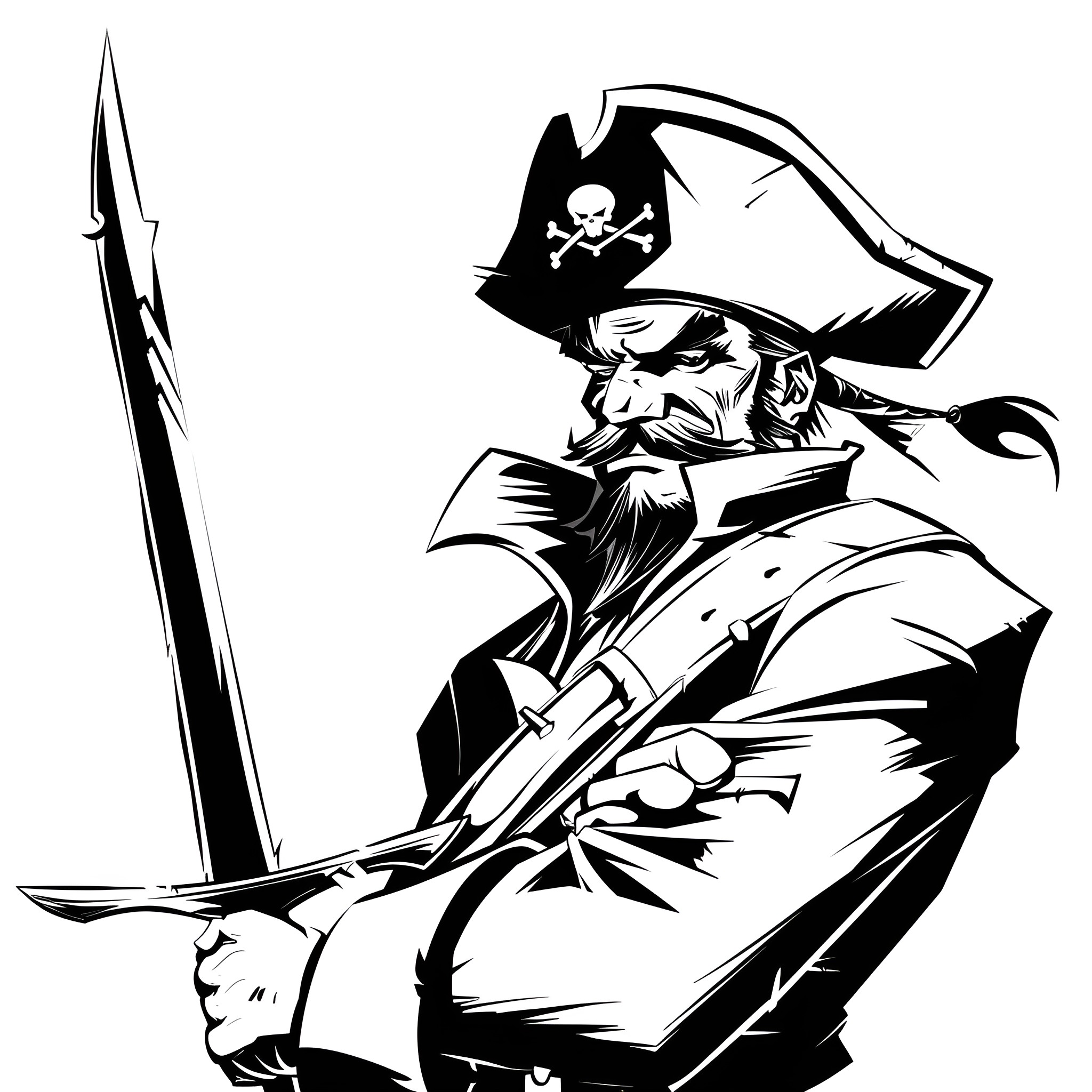 Badass Pirate Warrior with Sword Drawing Idea (free black-and-white line drawing printable PDF for all, from beginners to advanced learners, including children, teens, adults, and seniors)
