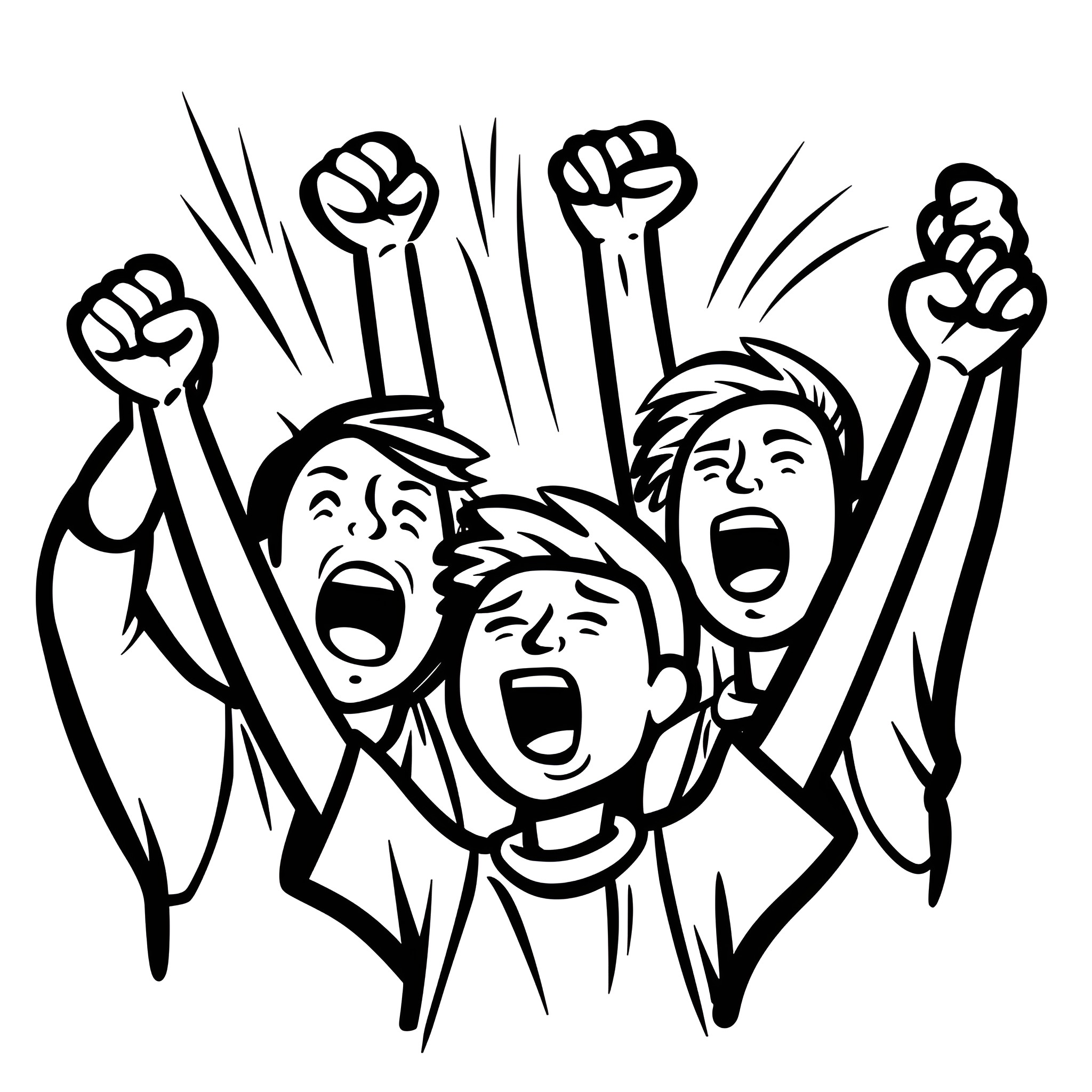 Basketball fans cheering excitedly Drawing Idea (free black-and-white line drawing printable PDF for all, from beginners to advanced learners, including children, teens, adults, and seniors)