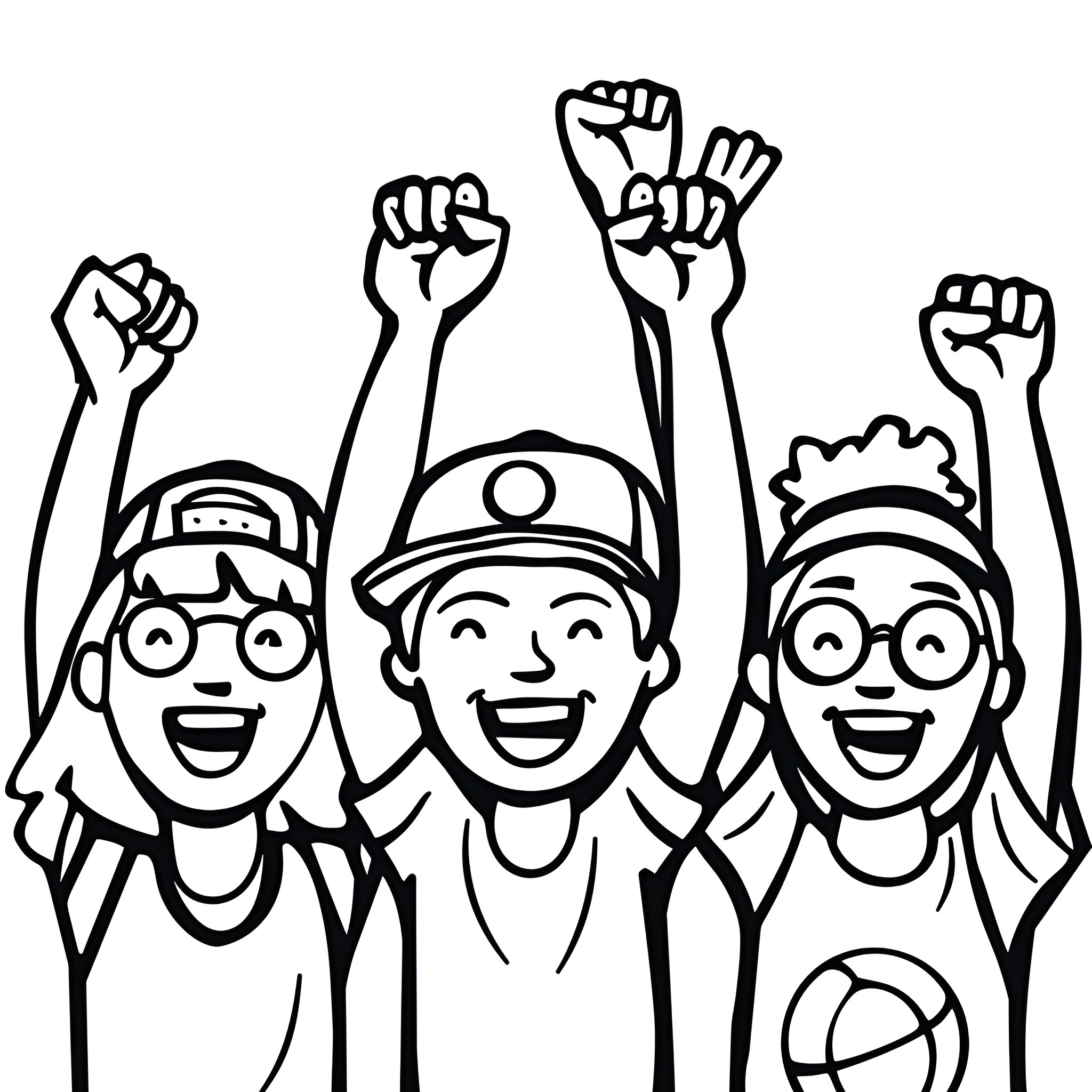 Basketball fans celebrating excitedly Drawing Idea (free black-and-white line drawing printable PDF for all, from beginners to advanced learners, including children, teens, adults, and seniors)