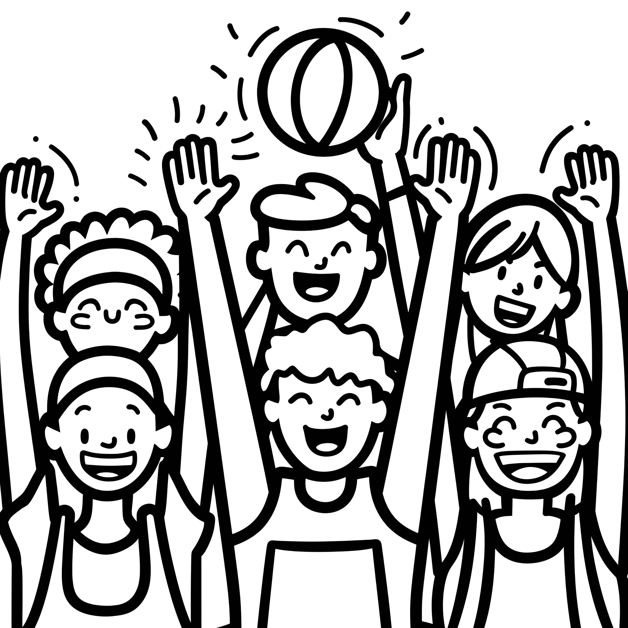 Basketball team celebrating victory Drawing Idea (free black-and-white line drawing printable PDF for all, from beginners to advanced learners, including children, teens, adults, and seniors)