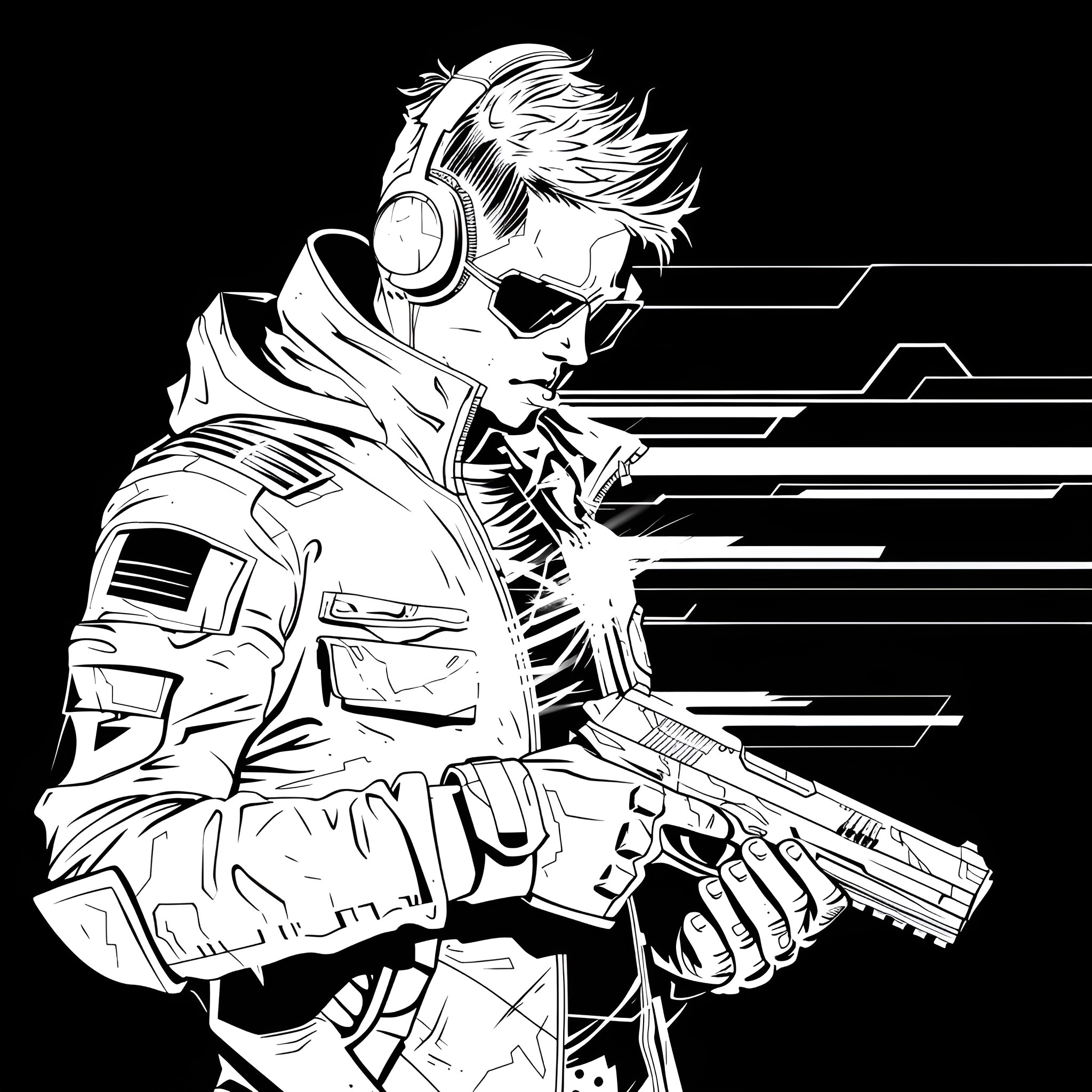 Badass futuristic cyberpunk mercenary Drawing Idea (free black-and-white line drawing printable PDF for all, from beginners to advanced learners, including children, teens, adults, and seniors)