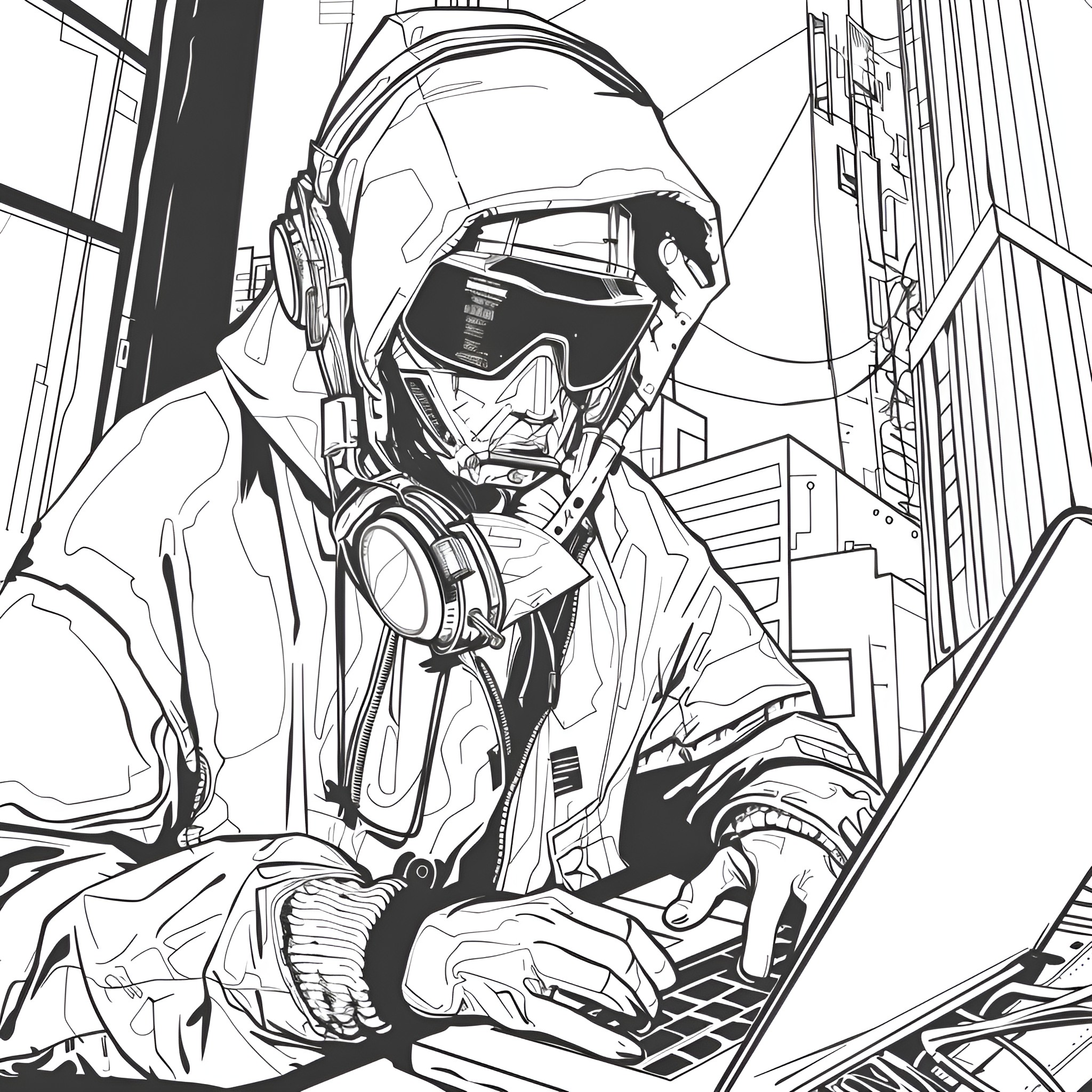 Badass Futuristic Cyberpunk Warrior in Action Drawing Idea (free black-and-white line drawing printable PDF for all, from beginners to advanced learners, including children, teens, adults, and seniors)