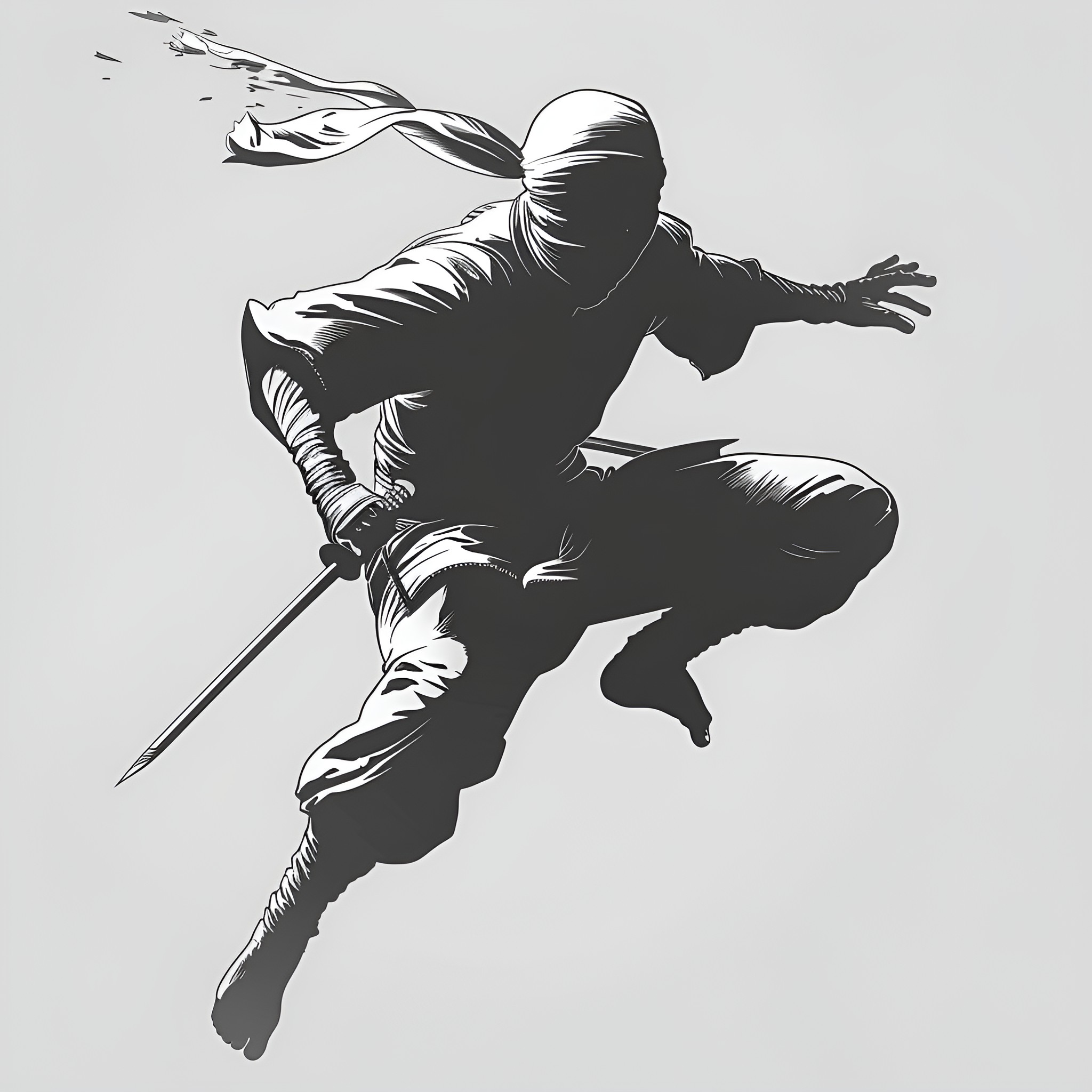 Badass ninja warrior in dramatic pose Drawing Idea (free black-and-white line drawing printable PDF for all, from beginners to advanced learners, including children, teens, adults, and seniors)