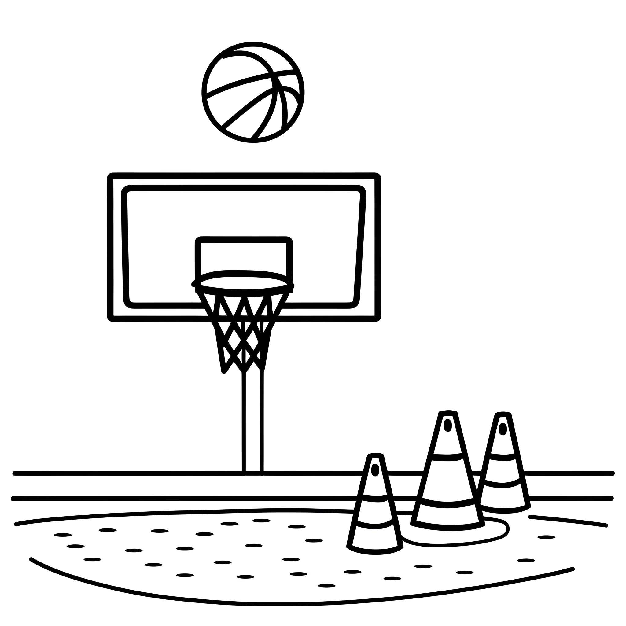 Basketball court with hoops and cones Drawing Idea (free black-and-white line drawing printable PDF for all, from beginners to advanced learners, including children, teens, adults, and seniors)