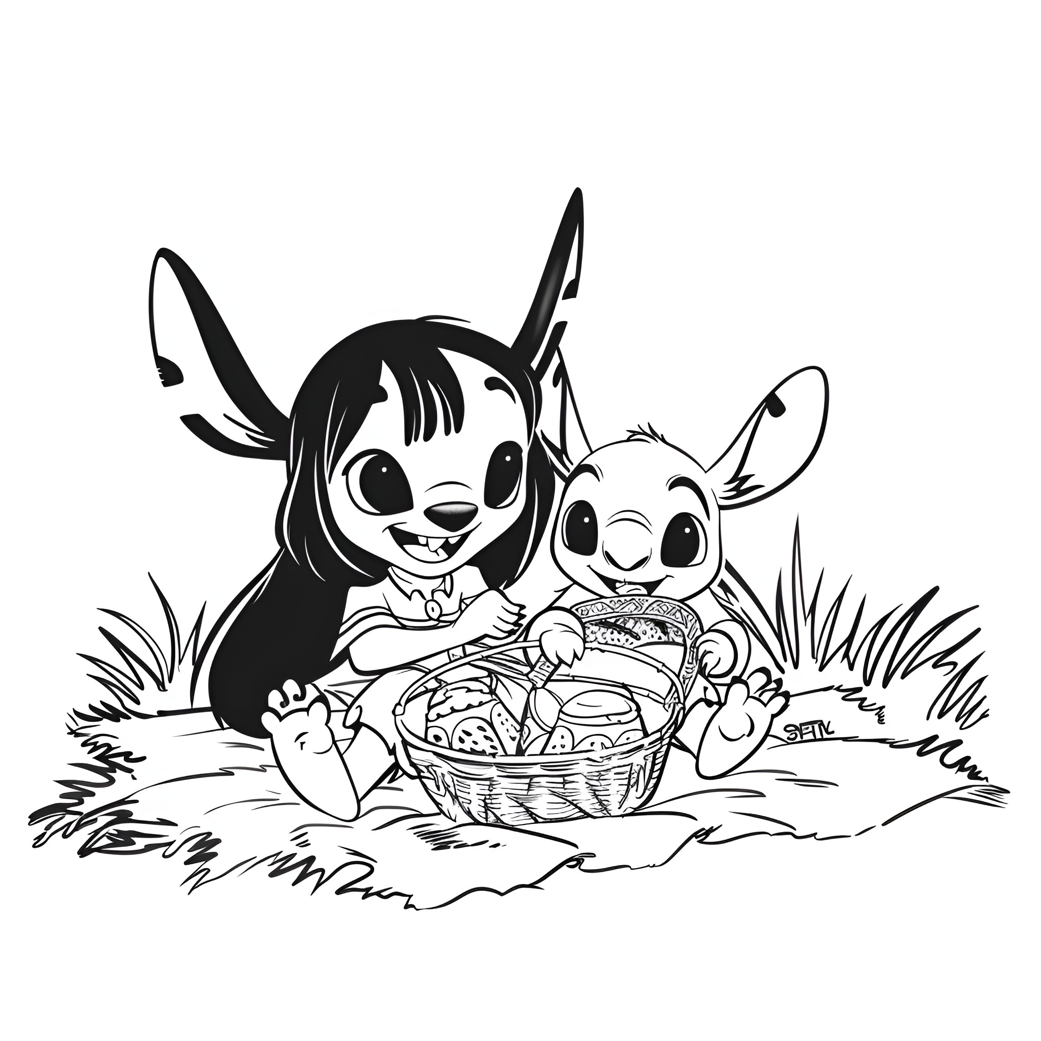 Lilo & Stitch picnicking in the grass Drawing Idea (free black-and-white line drawing printable PDF for all, from beginners to advanced learners, including children, teens, adults, and seniors)