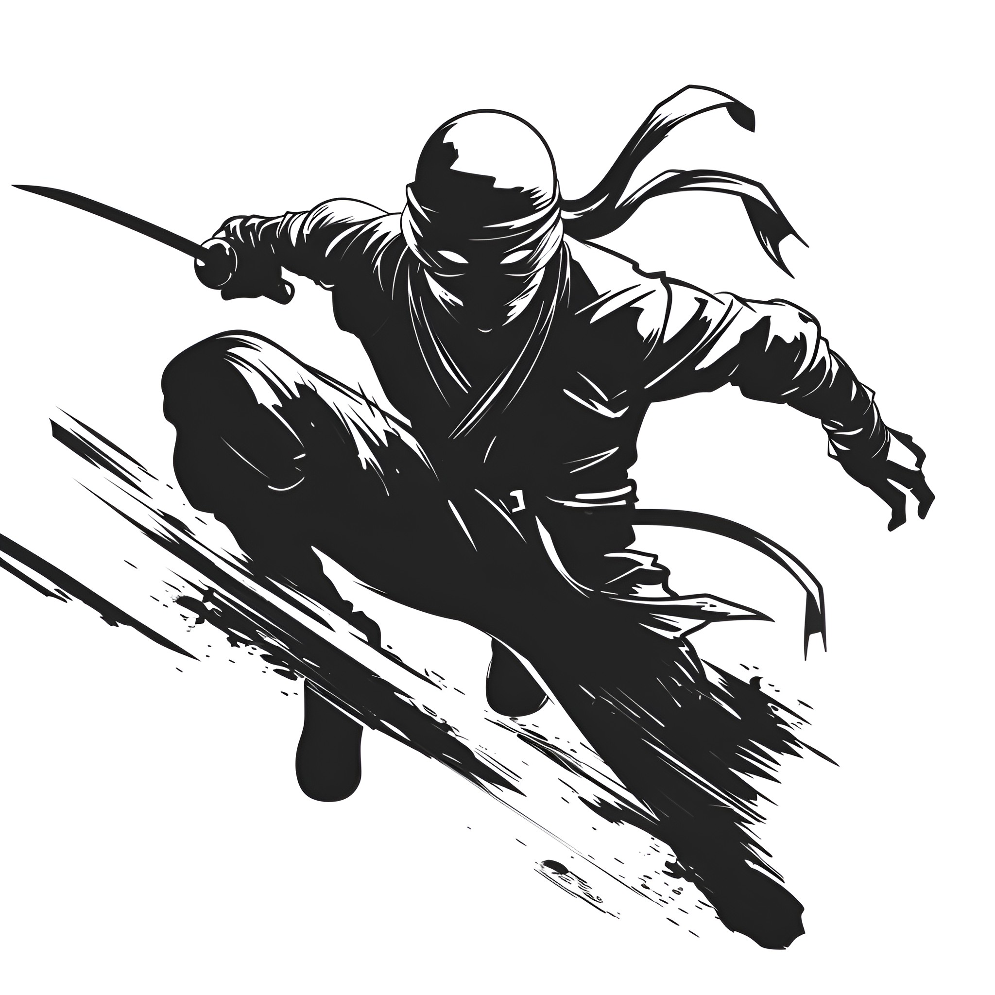 Badass ninja warrior in action Drawing Idea (free black-and-white line drawing printable PDF for all, from beginners to advanced learners, including children, teens, adults, and seniors)