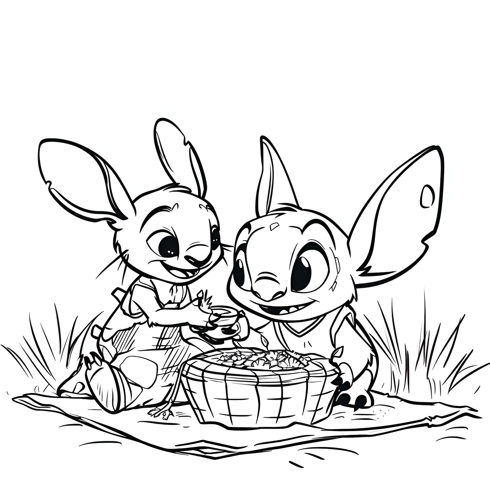 Lilo & Stitch sharing tropical fruit picnic Drawing Idea (free black-and-white line drawing printable PDF for all, from beginners to advanced learners, including children, teens, adults, and seniors)