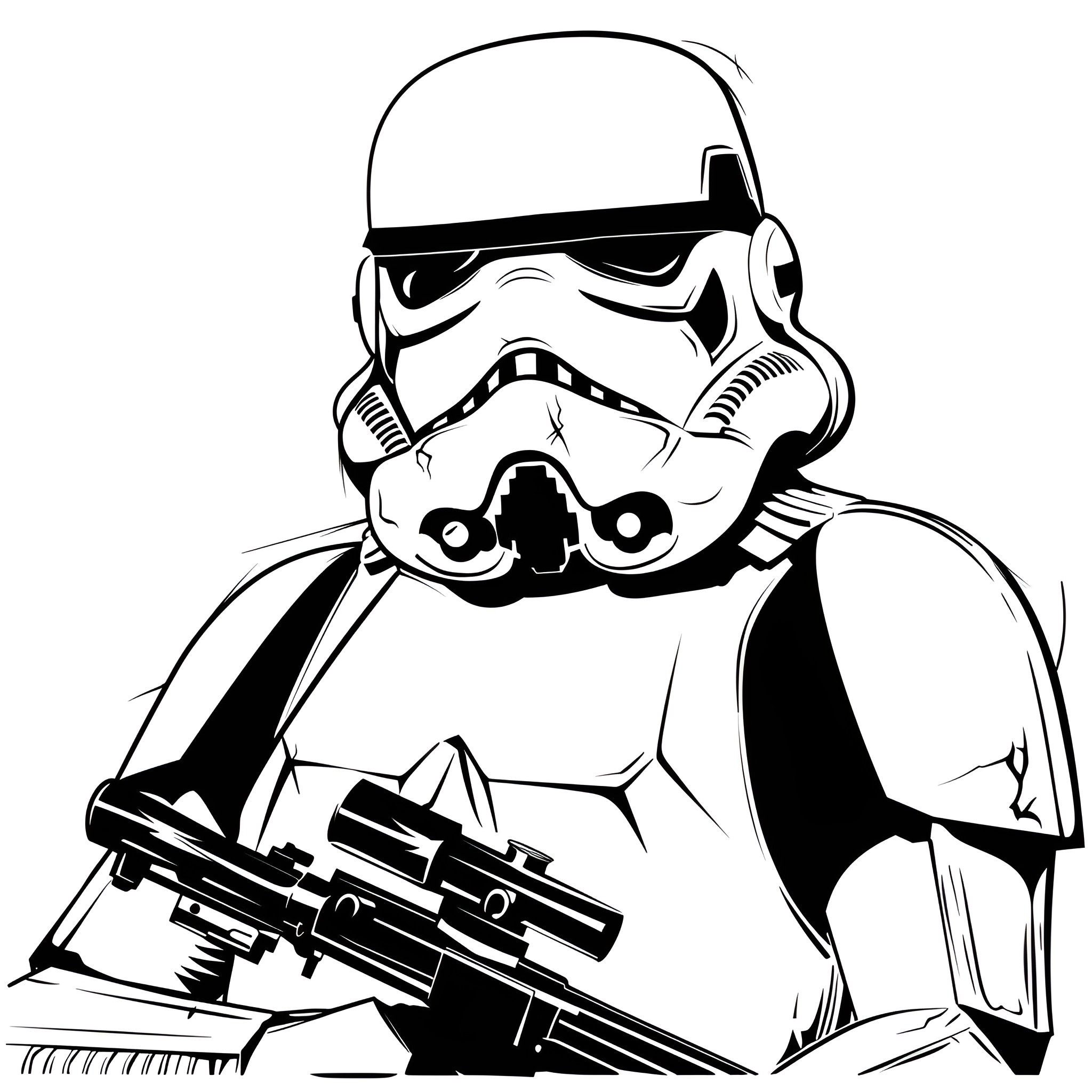 Badass Stormtrooper with Powerful Weapons Drawing Idea (free black-and-white line drawing printable PDF for all, from beginners to advanced learners, including children, teens, adults, and seniors)