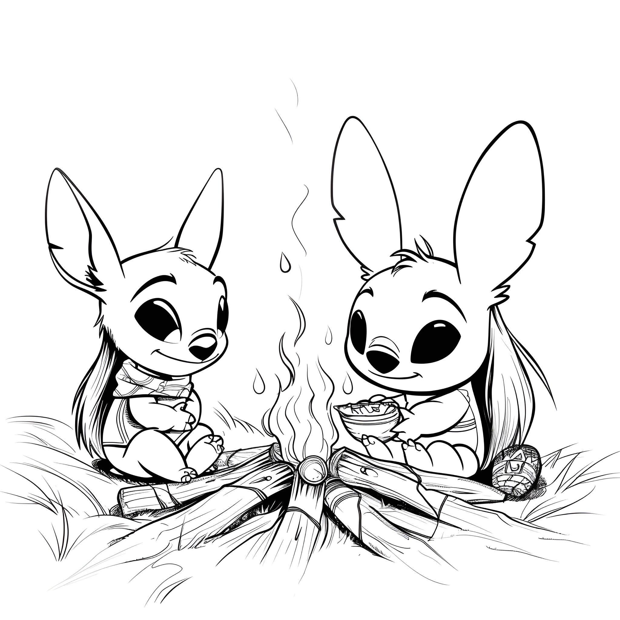Lilo & Stitch enjoying a campfire scene Drawing Idea (free black-and-white line drawing printable PDF for all, from beginners to advanced learners, including children, teens, adults, and seniors)