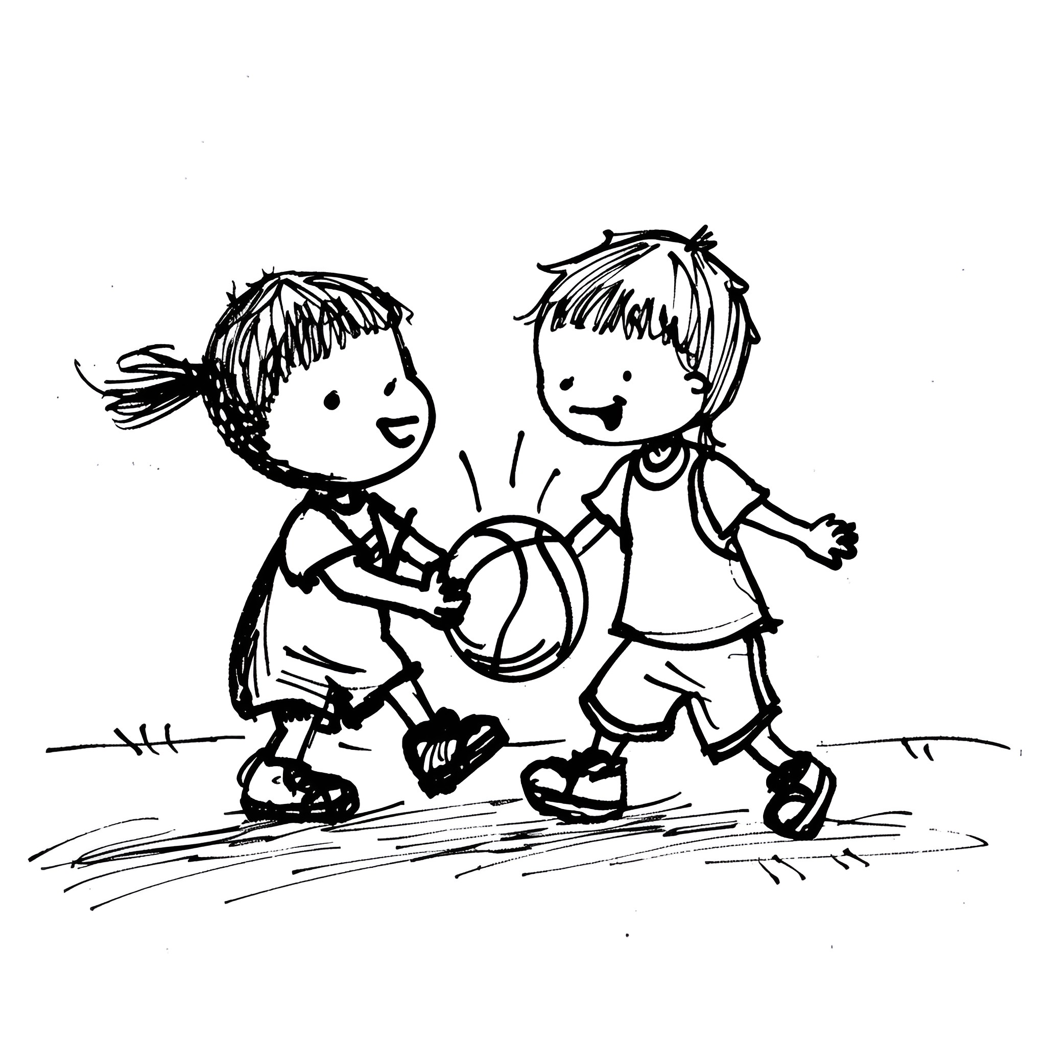 Basketball players in friendly match Drawing Idea (free black-and-white line drawing printable PDF for all, from beginners to advanced learners, including children, teens, adults, and seniors)