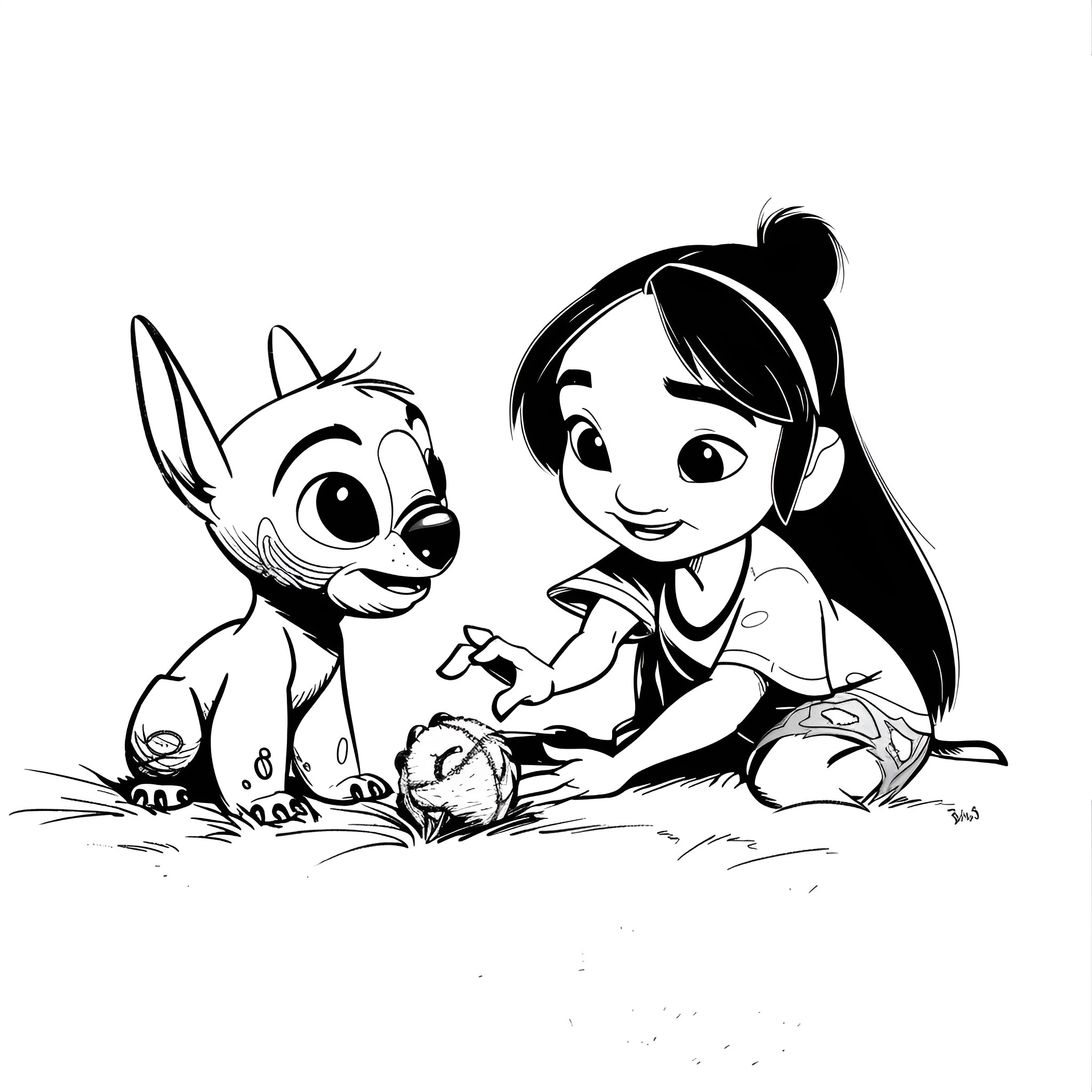 Lilo & Stitch bonding on the grass Drawing Idea (free black-and-white line drawing printable PDF for all, from beginners to advanced learners, including children, teens, adults, and seniors)