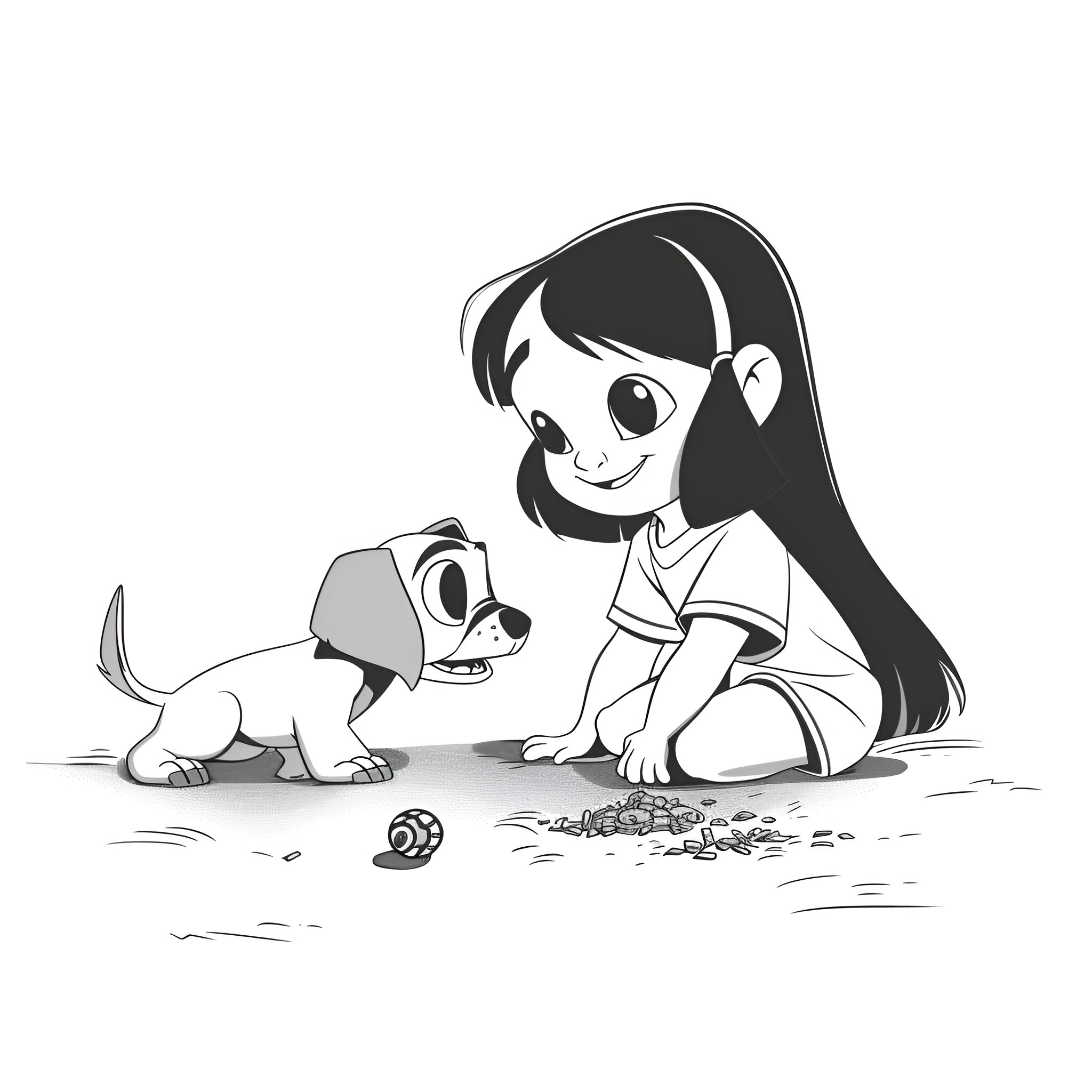 Lilo & Stitch playing on the ground Drawing Idea (free black-and-white line drawing printable PDF for all, from beginners to advanced learners, including children, teens, adults, and seniors)