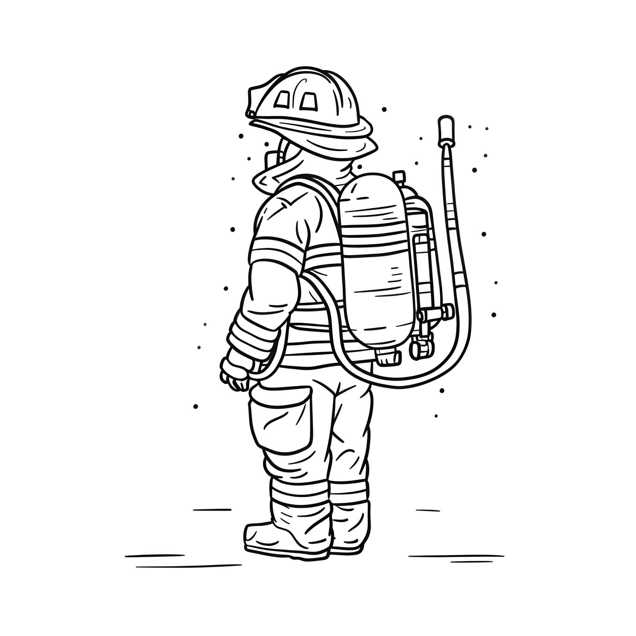 Badass Firefighter in Action Drawing Idea (free black-and-white line drawing printable PDF for all, from beginners to advanced learners, including children, teens, adults, and seniors)