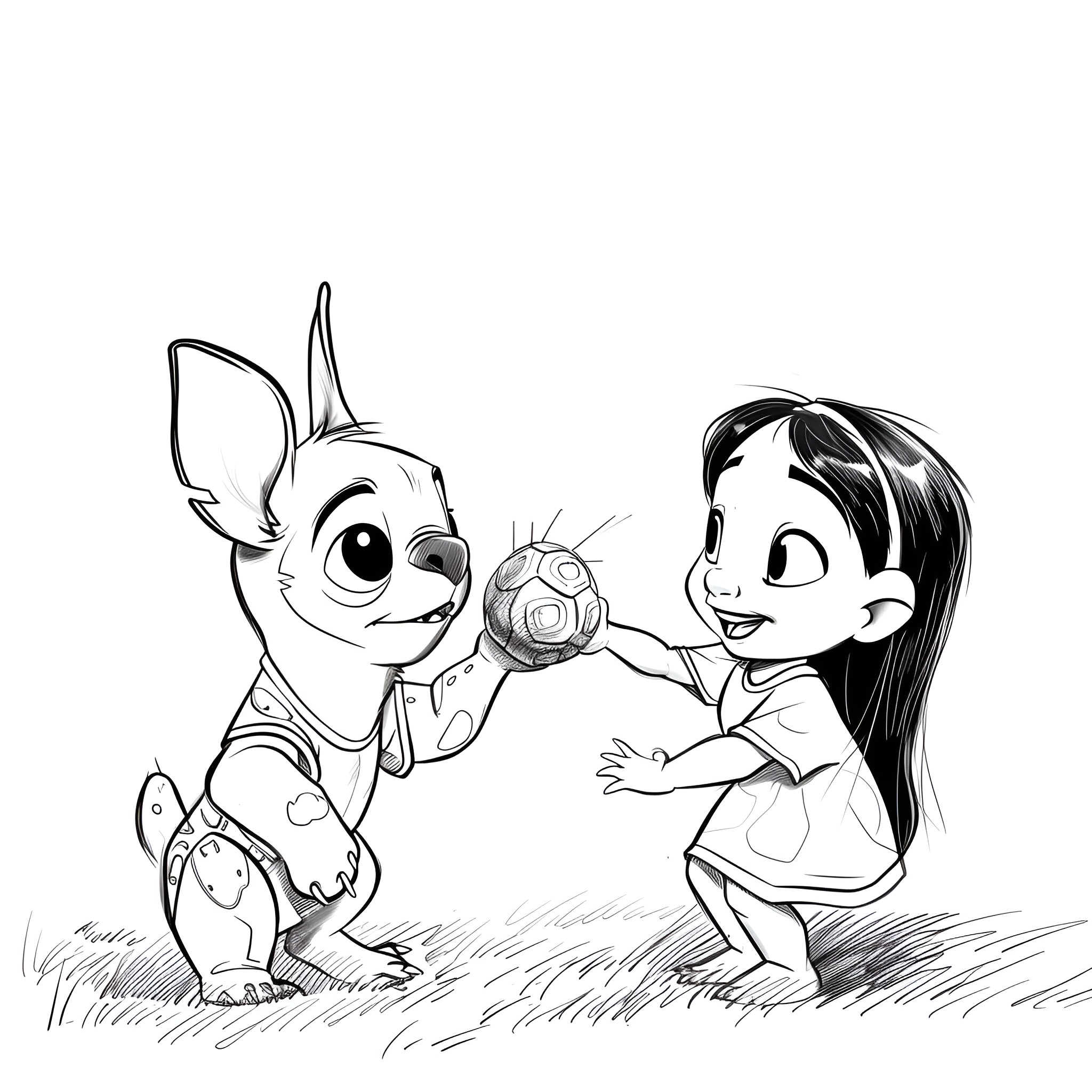 Lilo & Stitch playing and sharing a ball Drawing Idea (free black-and-white line drawing printable PDF for all, from beginners to advanced learners, including children, teens, adults, and seniors)