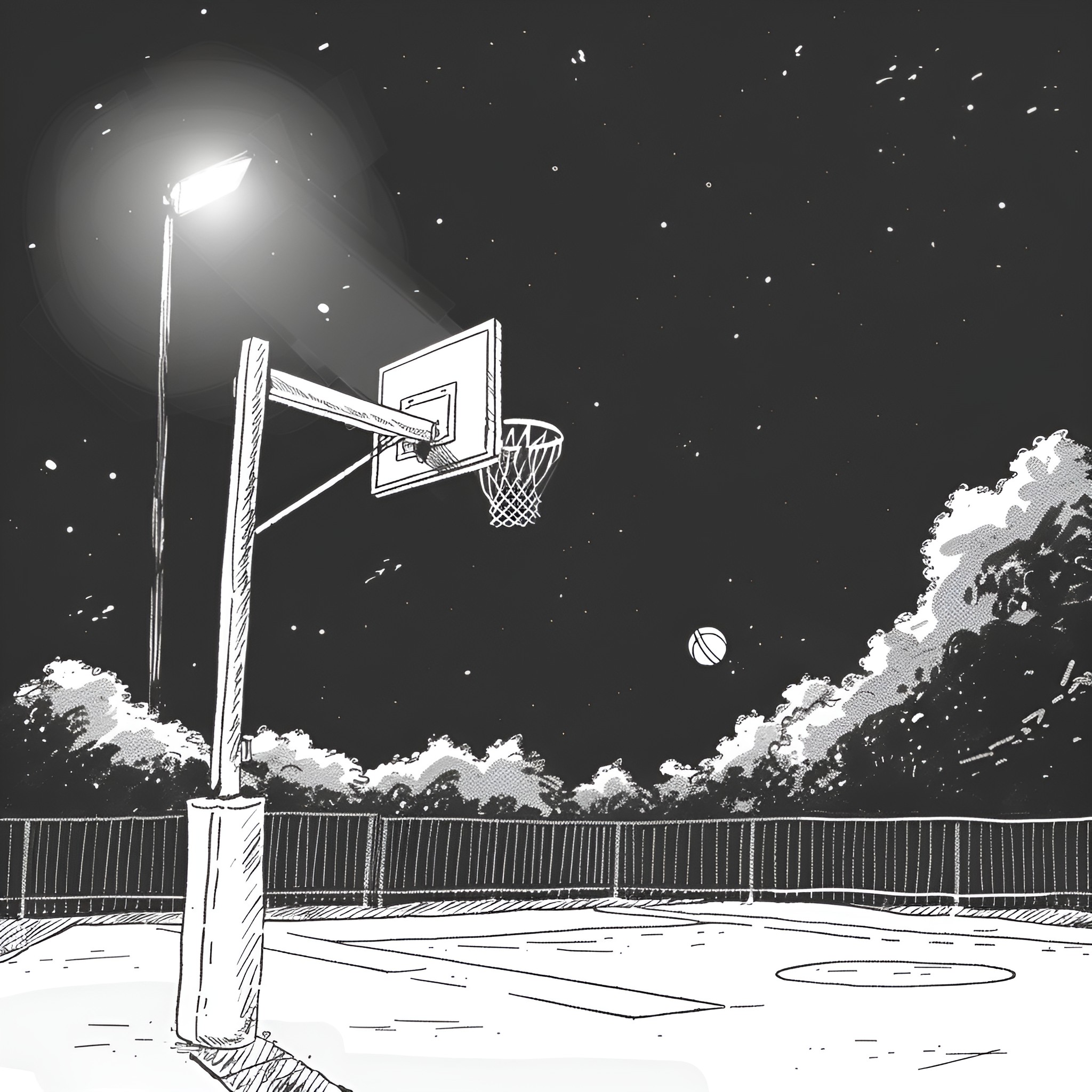 Basketball players under the starry night sky Drawing Idea (free black-and-white line drawing printable PDF for all, from beginners to advanced learners, including children, teens, adults, and seniors)
