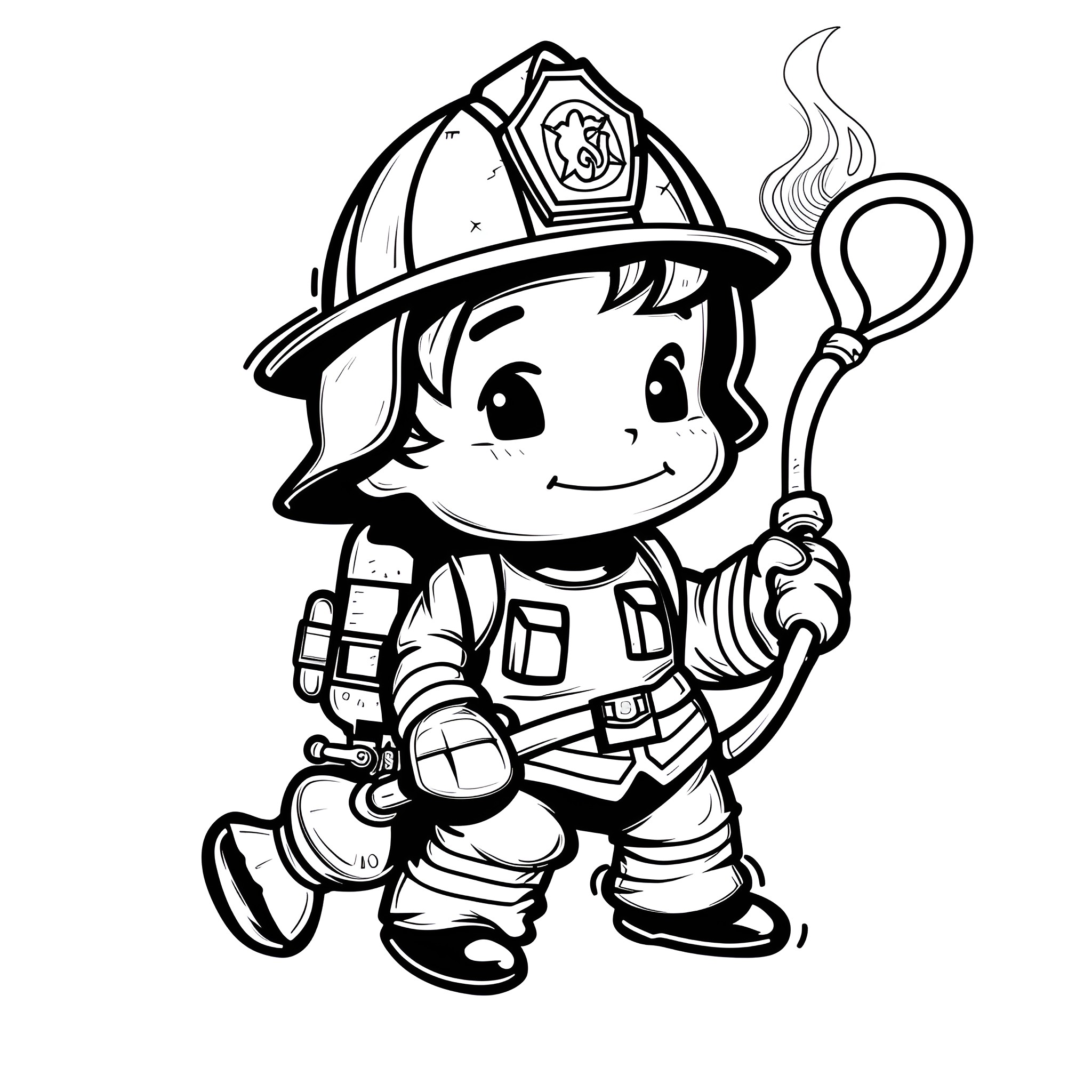 Badass Firefighter in Action Drawing Idea (free black-and-white line drawing printable PDF for all, from beginners to advanced learners, including children, teens, adults, and seniors)
