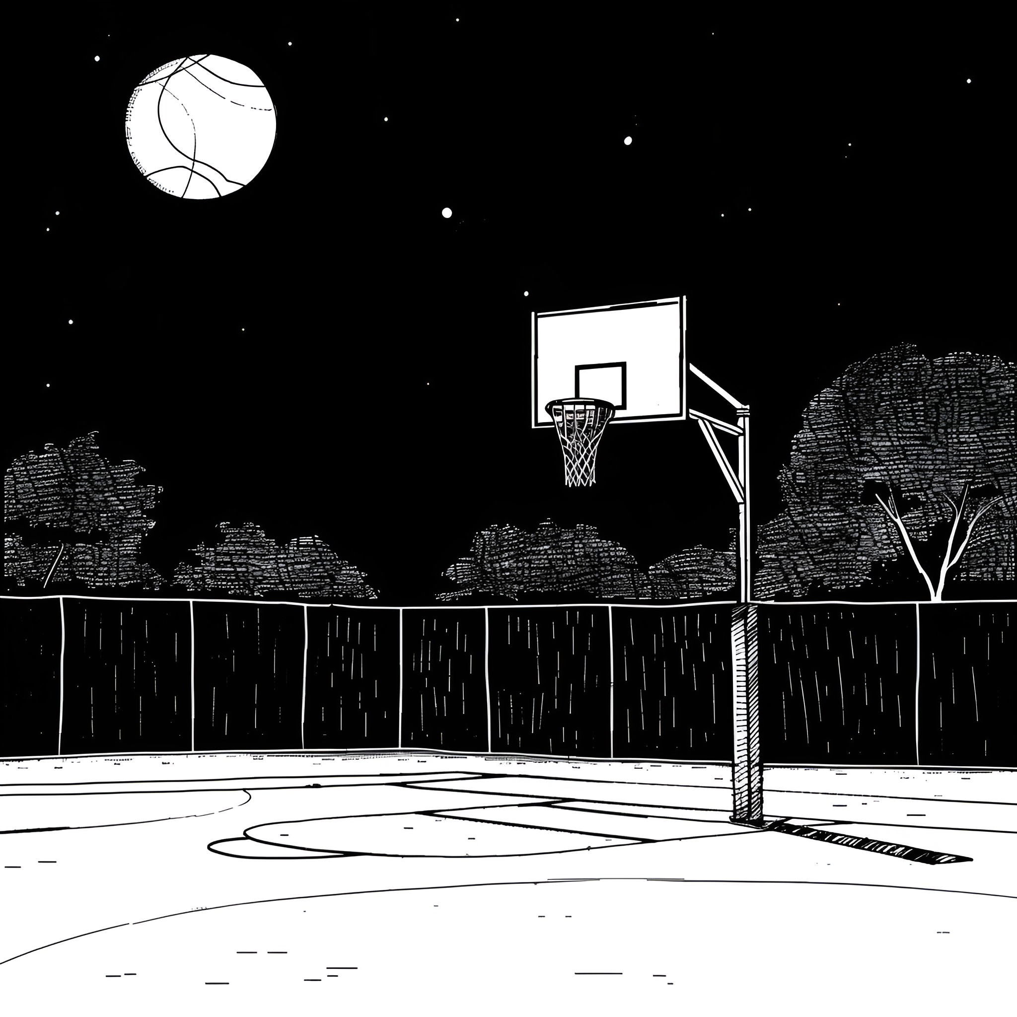 Basketball game under the night sky Drawing Idea (free black-and-white line drawing printable PDF for all, from beginners to advanced learners, including children, teens, adults, and seniors)