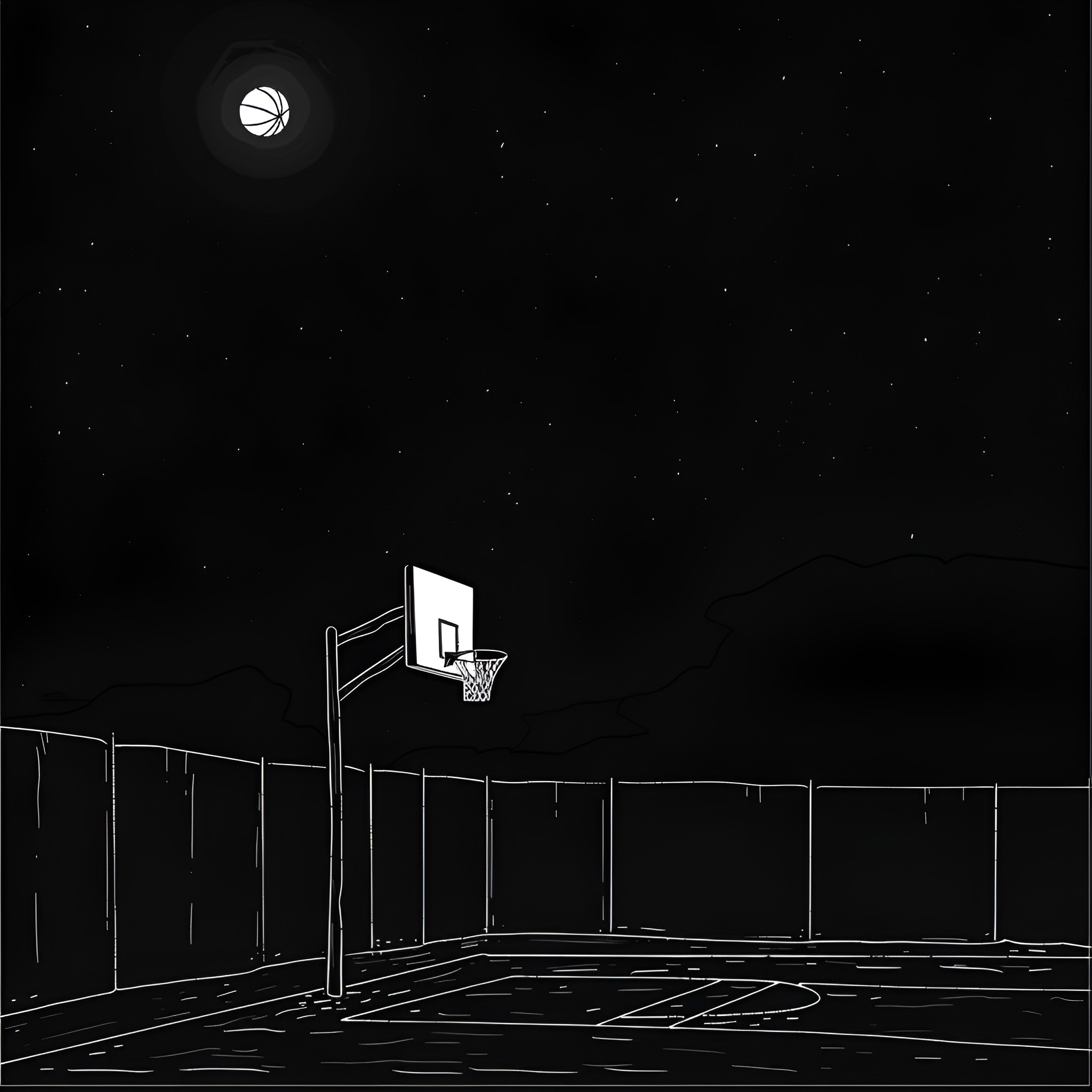 Basketball court under the moonlight Drawing Idea (free black-and-white line drawing printable PDF for all, from beginners to advanced learners, including children, teens, adults, and seniors)