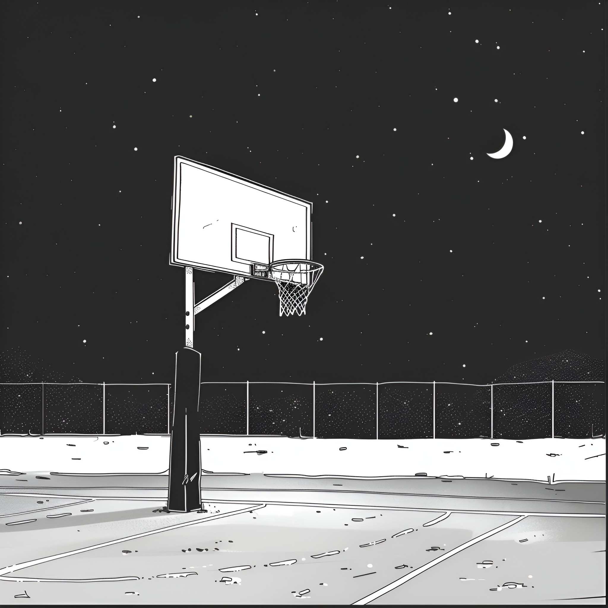 Basketball court under the starry night sky Drawing Idea (free black-and-white line drawing printable PDF for all, from beginners to advanced learners, including children, teens, adults, and seniors)