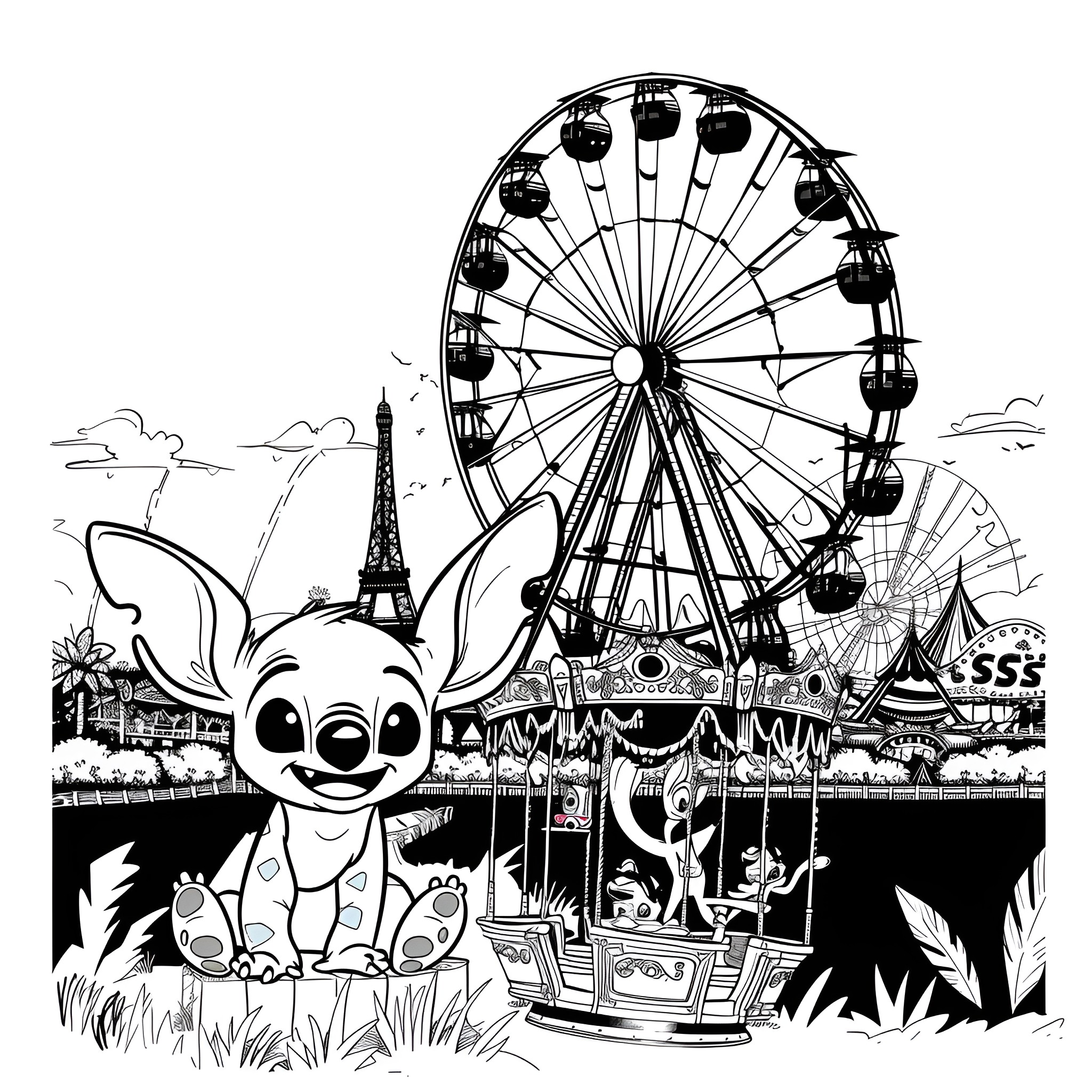 Lilo & Stitch exploring the carnival together Drawing Idea (free black-and-white line drawing printable PDF for all, from beginners to advanced learners, including children, teens, adults, and seniors)