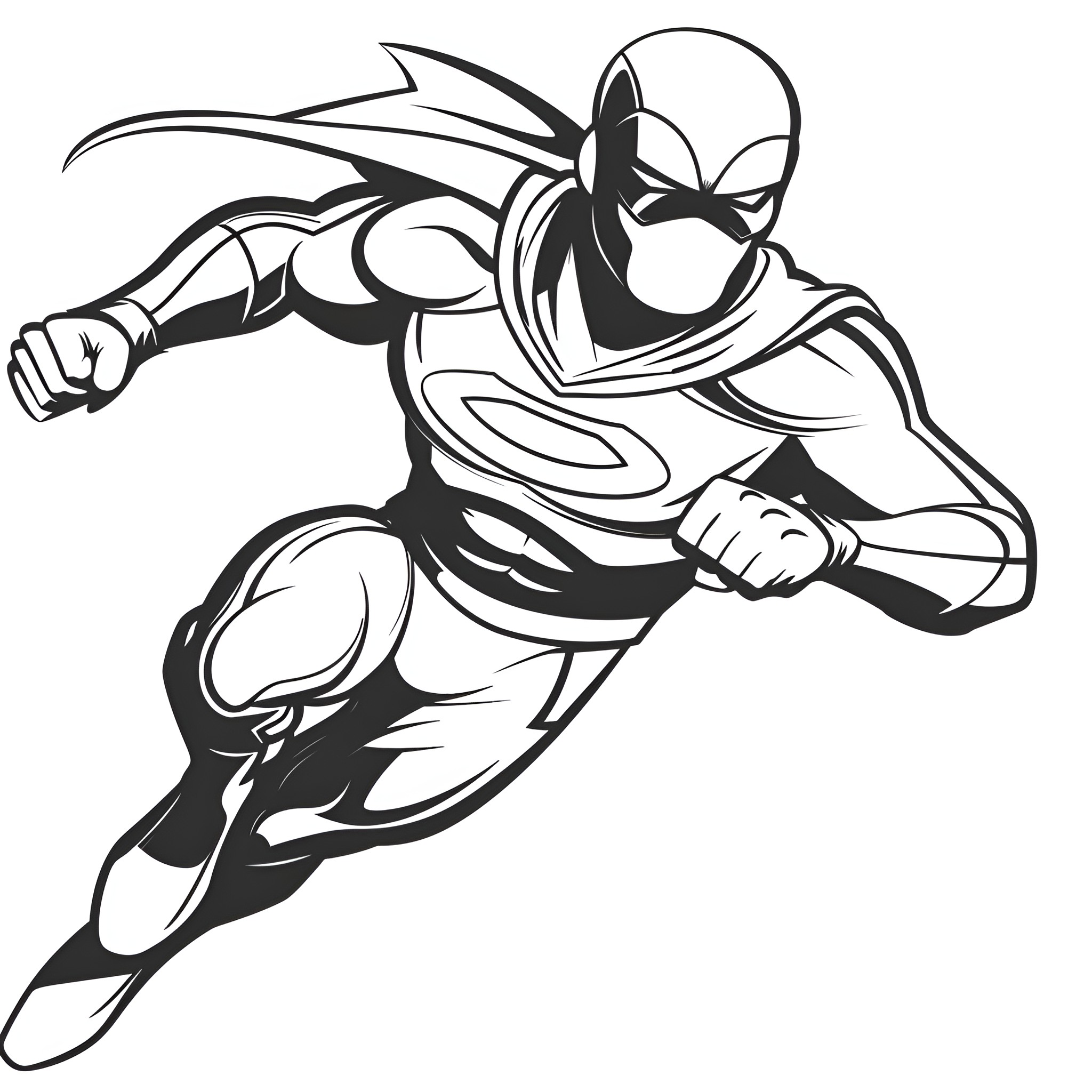 Badass Superhero on the Move Drawing Idea (free black-and-white line drawing printable PDF for all, from beginners to advanced learners, including children, teens, adults, and seniors)