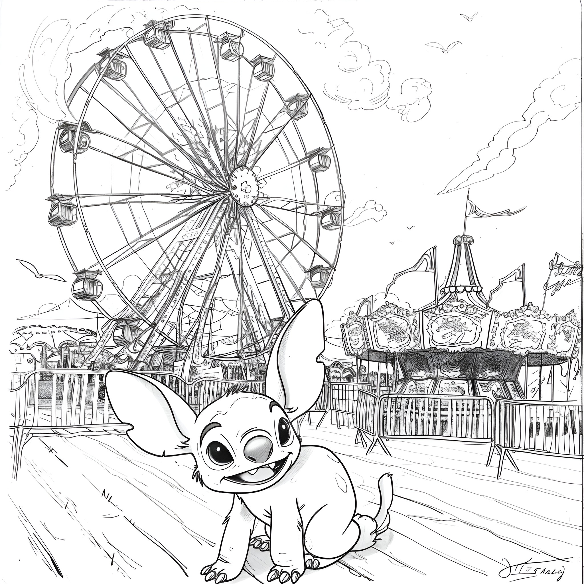 Lilo & Stitch enjoying a carnival ride Drawing Idea (free black-and-white line drawing printable PDF for all, from beginners to advanced learners, including children, teens, adults, and seniors)
