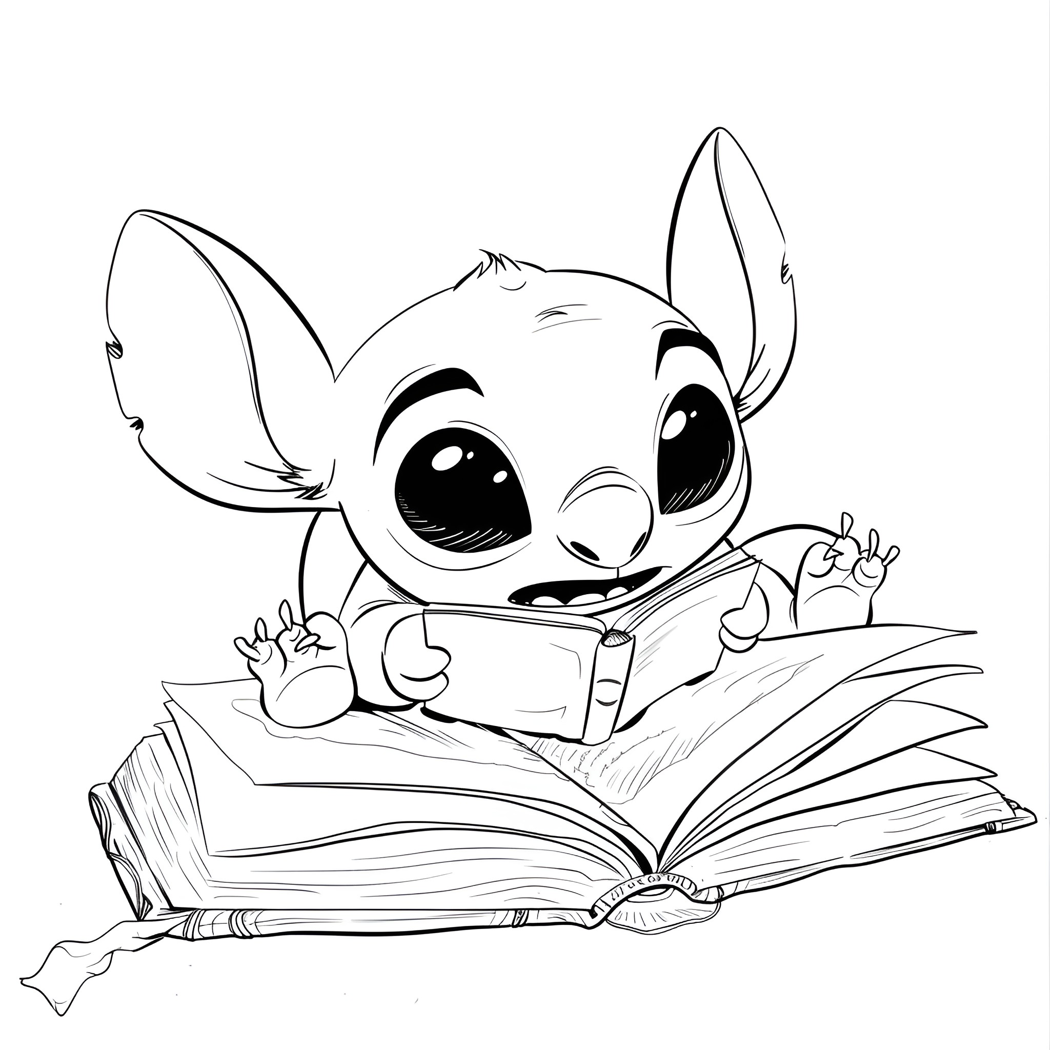 Lilo & Stitch reading a book excitedly Drawing Idea (free black-and-white line drawing printable PDF for all, from beginners to advanced learners, including children, teens, adults, and seniors)