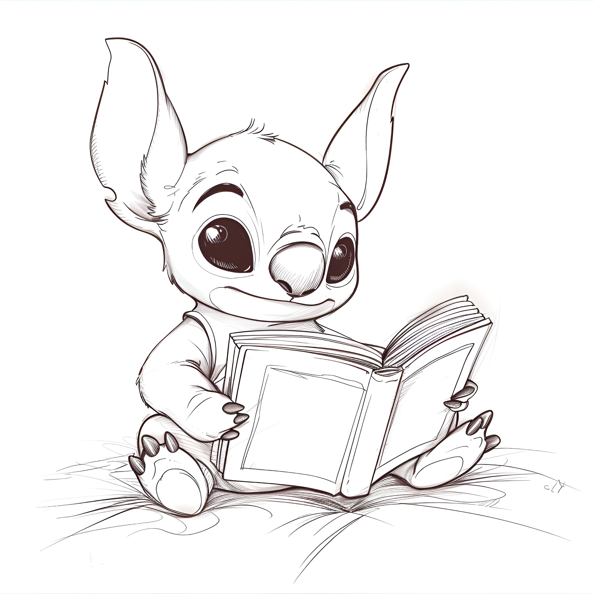 Lilo & Stitch reading a book happily Drawing Idea (free black-and-white line drawing printable PDF for all, from beginners to advanced learners, including children, teens, adults, and seniors)