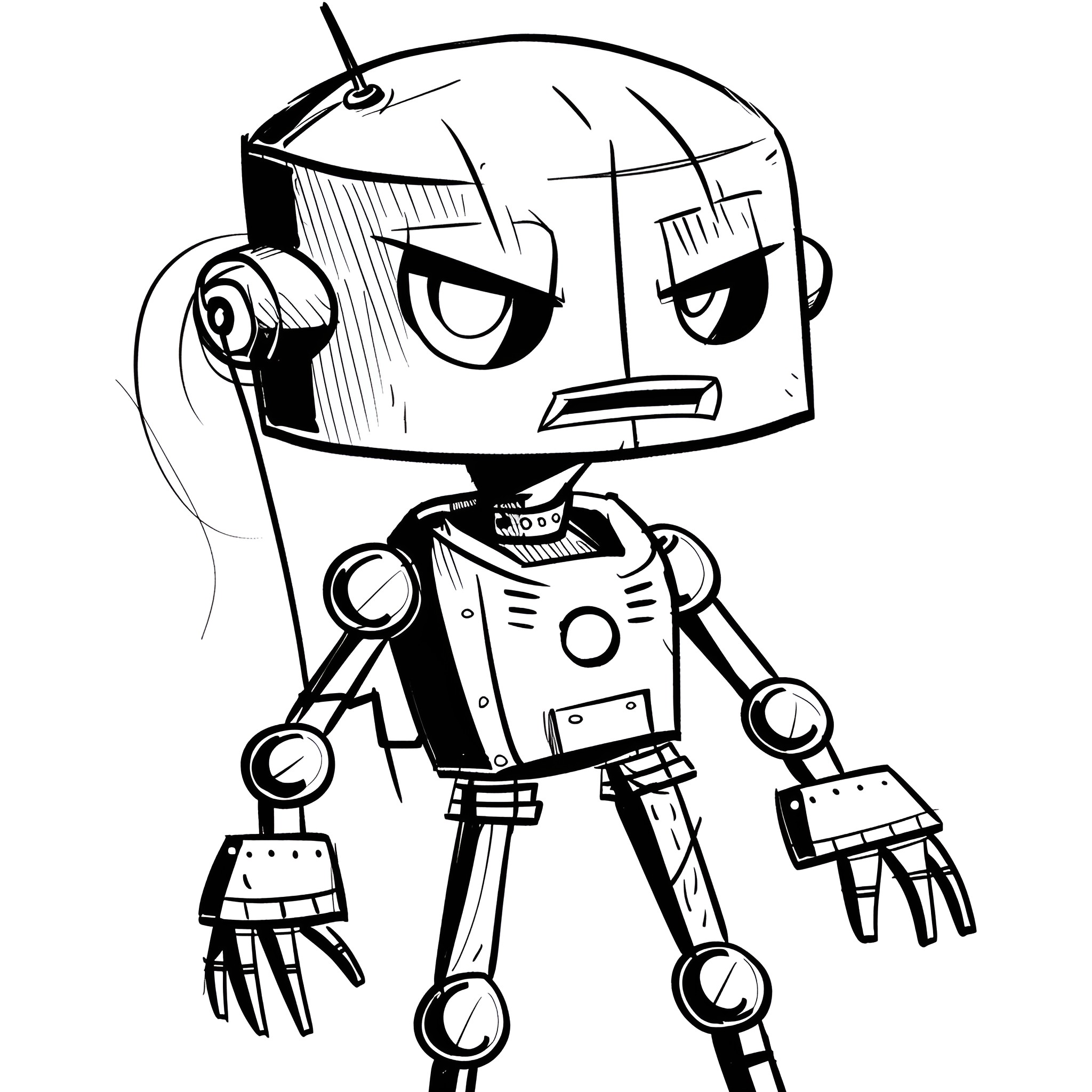 Badass Robotic Warrior in Menacing Pose Drawing Idea (free black-and-white line drawing printable PDF for all, from beginners to advanced learners, including children, teens, adults, and seniors)